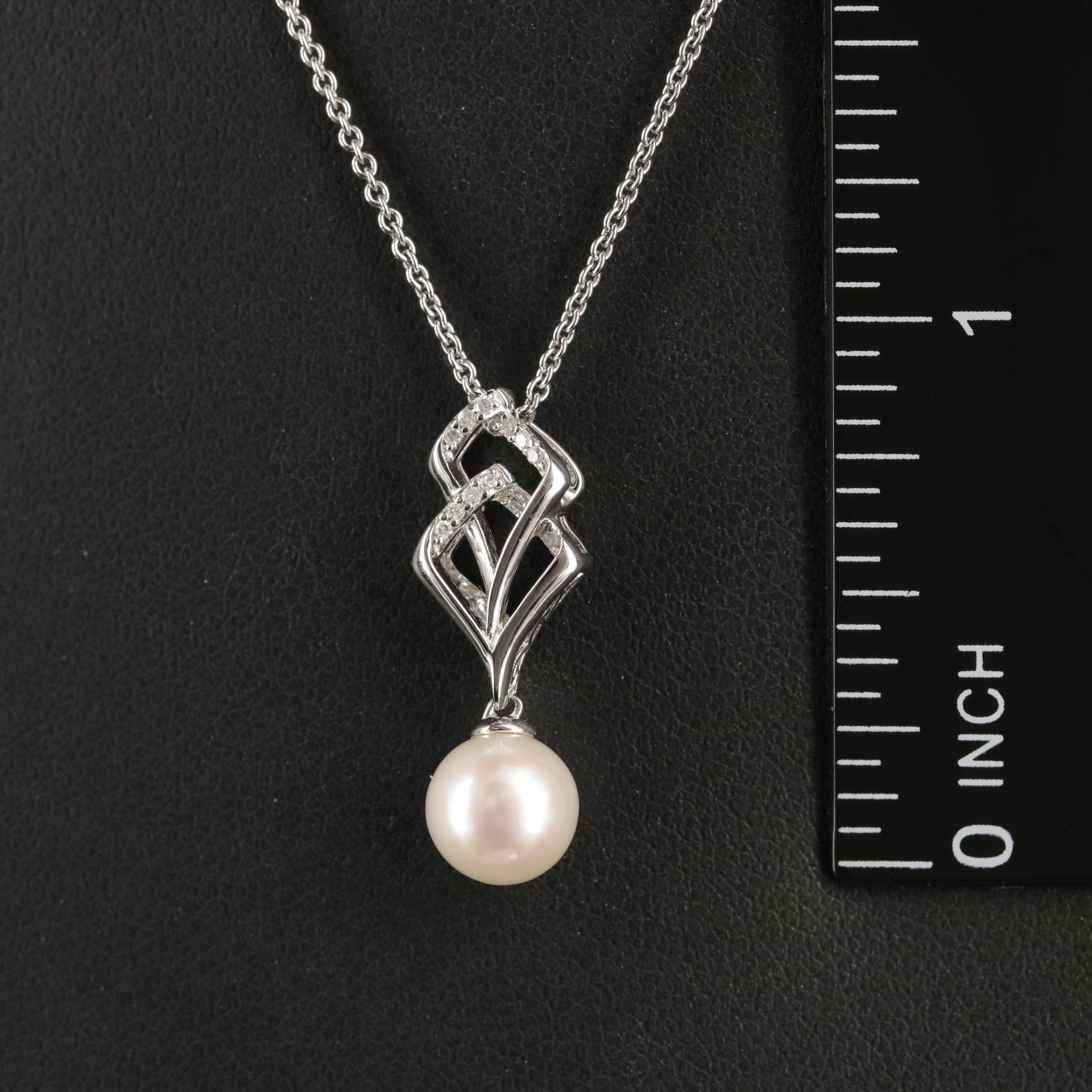 Sterling Pearl and Diamond Pendant Necklace