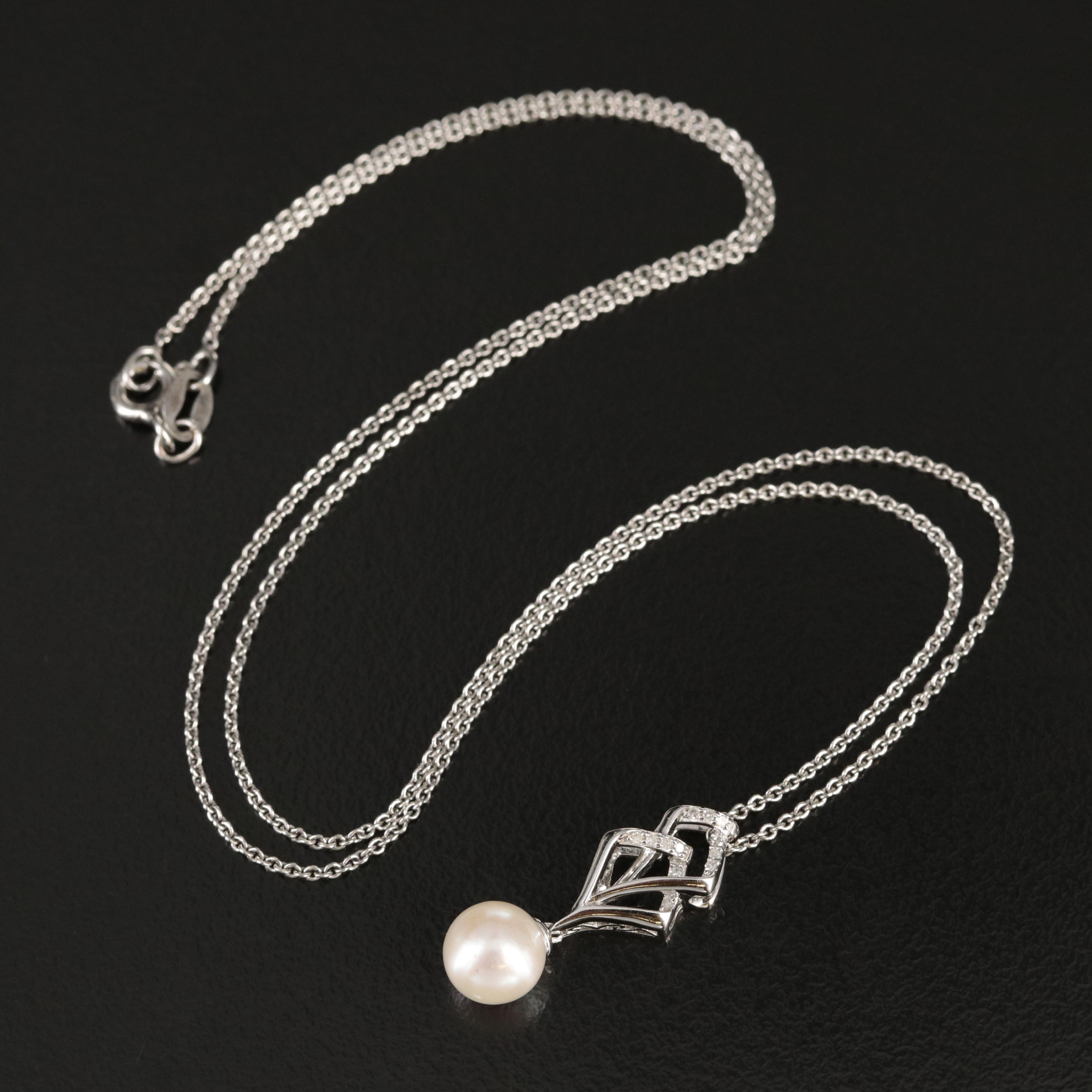 Sterling Pearl and Diamond Pendant Necklace