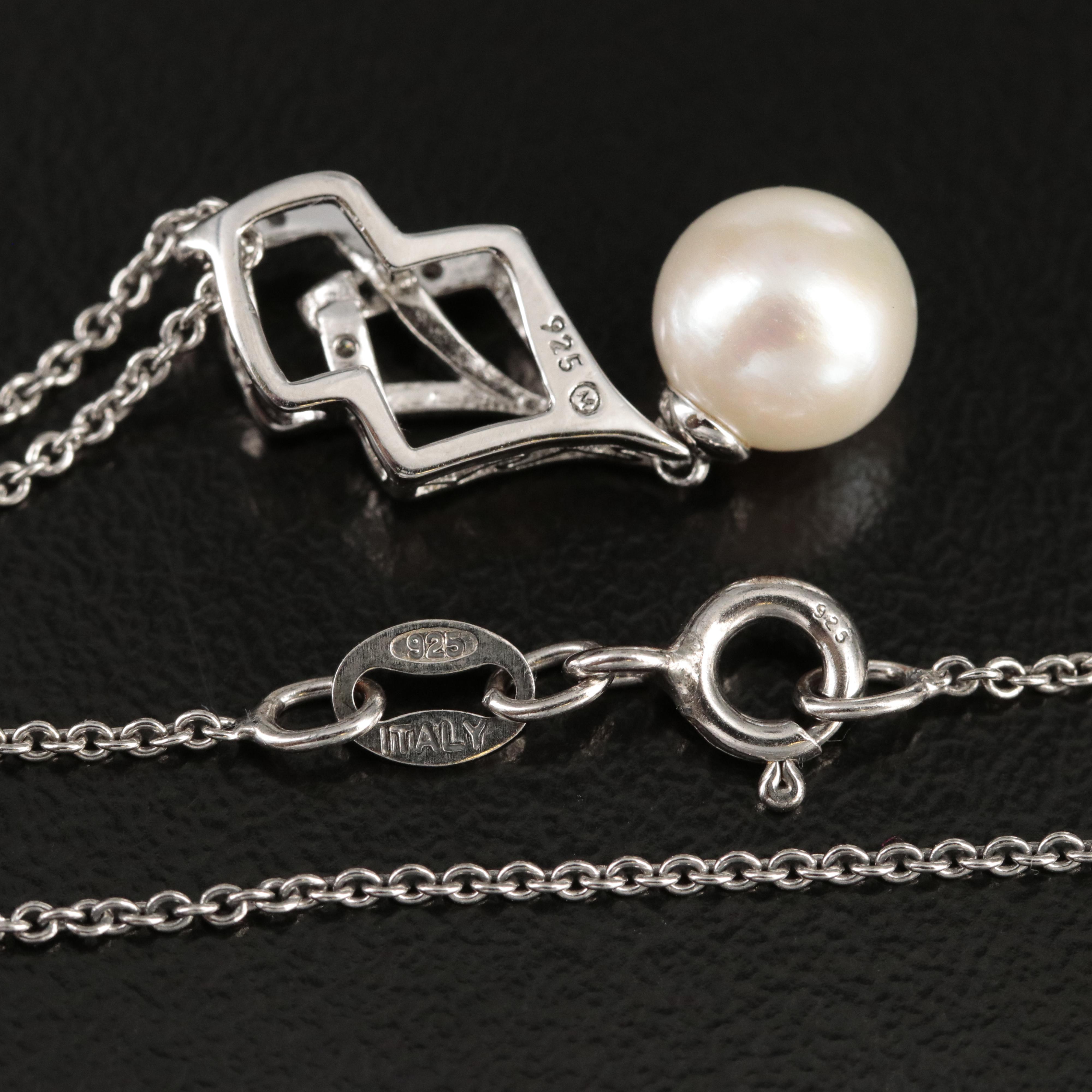 Sterling Pearl and Diamond Pendant Necklace