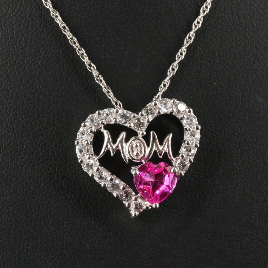 Sterling Silver Sapphire and Diamond Heart "Mom" Necklace