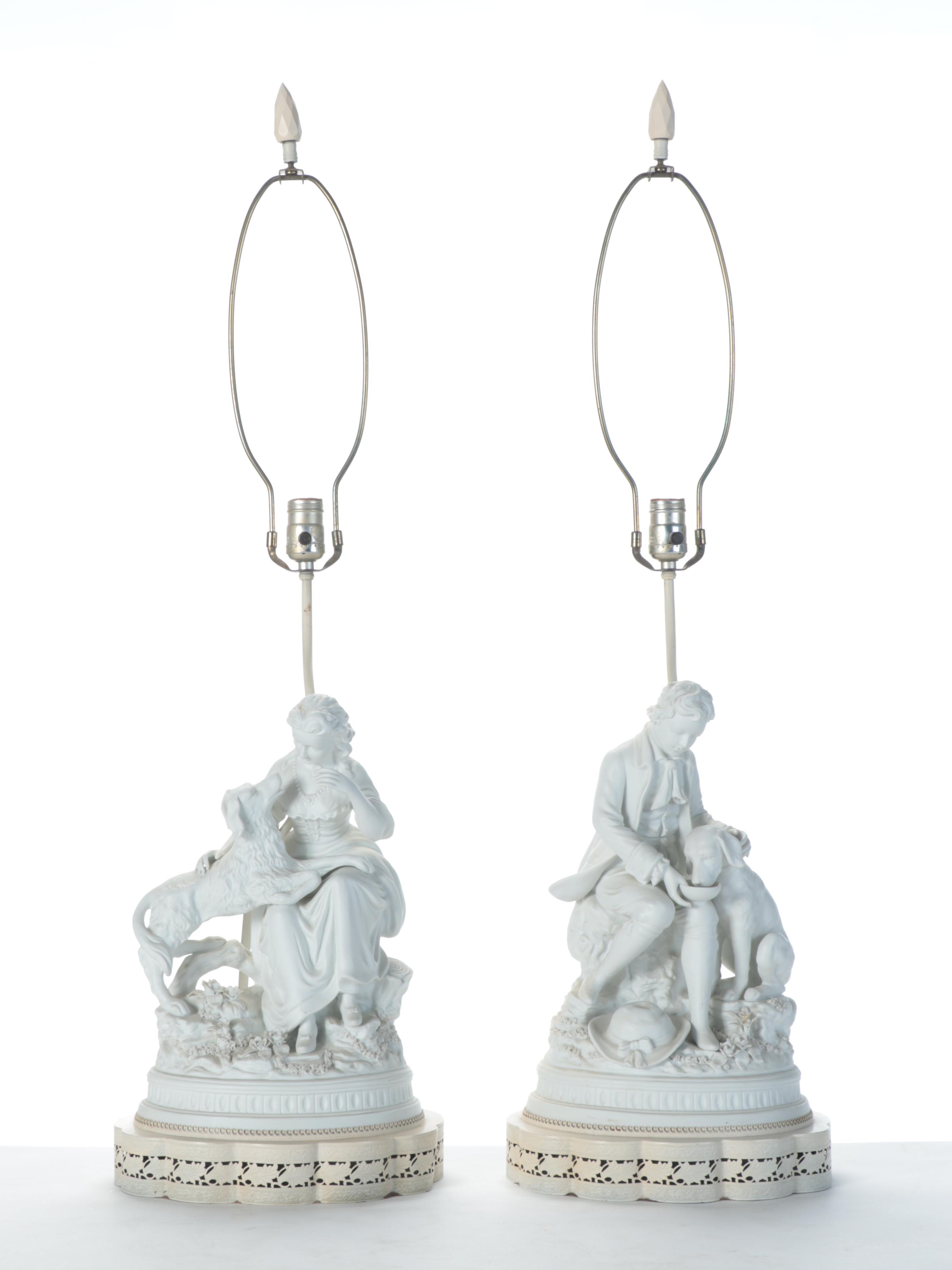 Victorian Parian Ware Style Porcelain Figurine Boy and Girl With Dogs Lamps