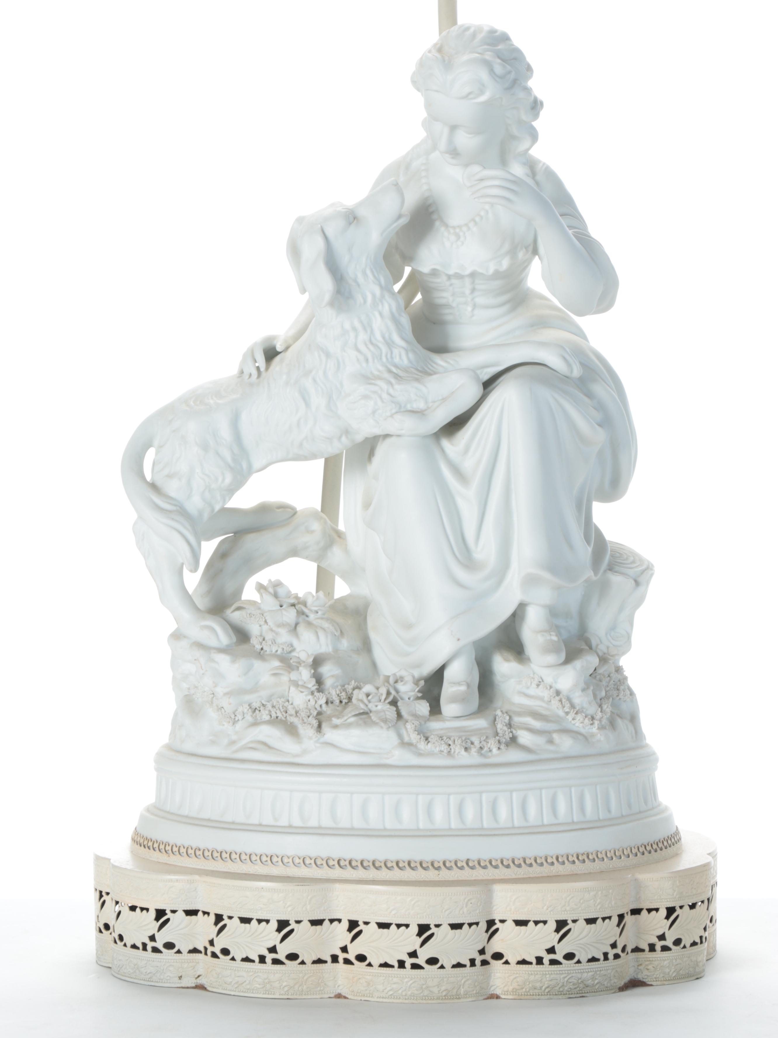 Victorian Parian Ware Style Porcelain Figurine Boy and Girl With Dogs Lamps
