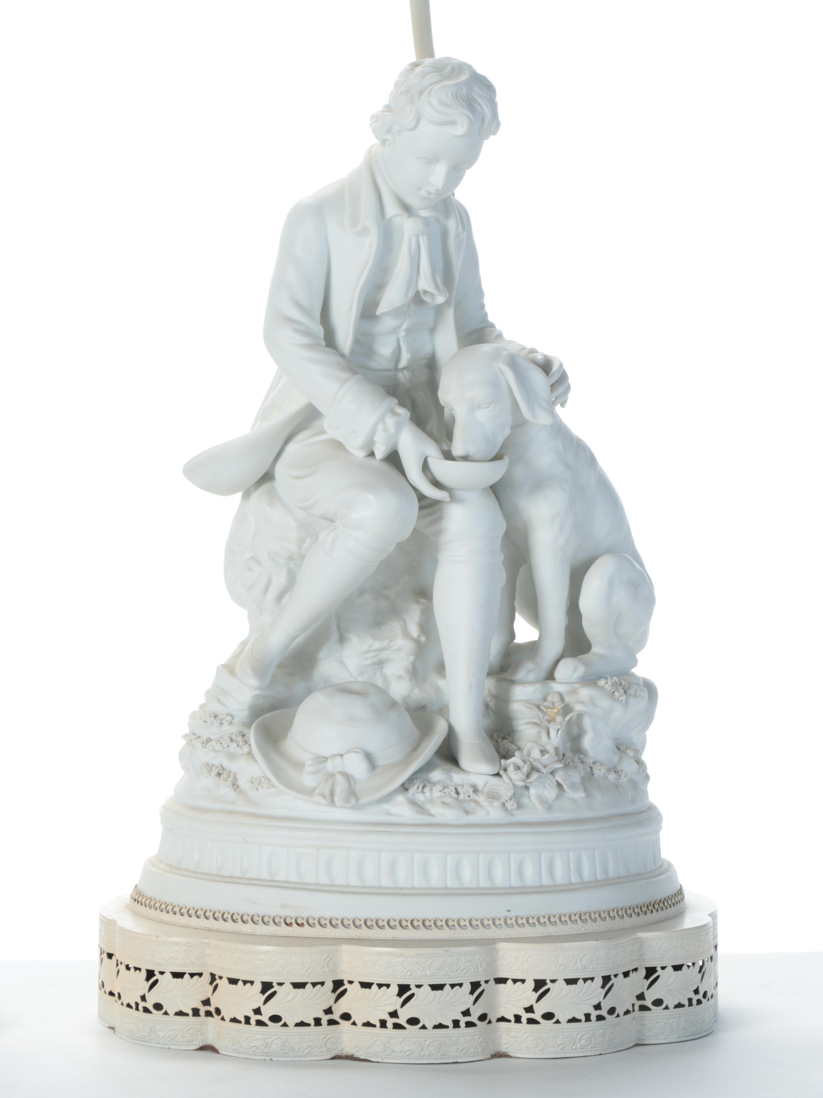 Victorian Parian Ware Style Porcelain Figurine Boy and Girl With Dogs Lamps