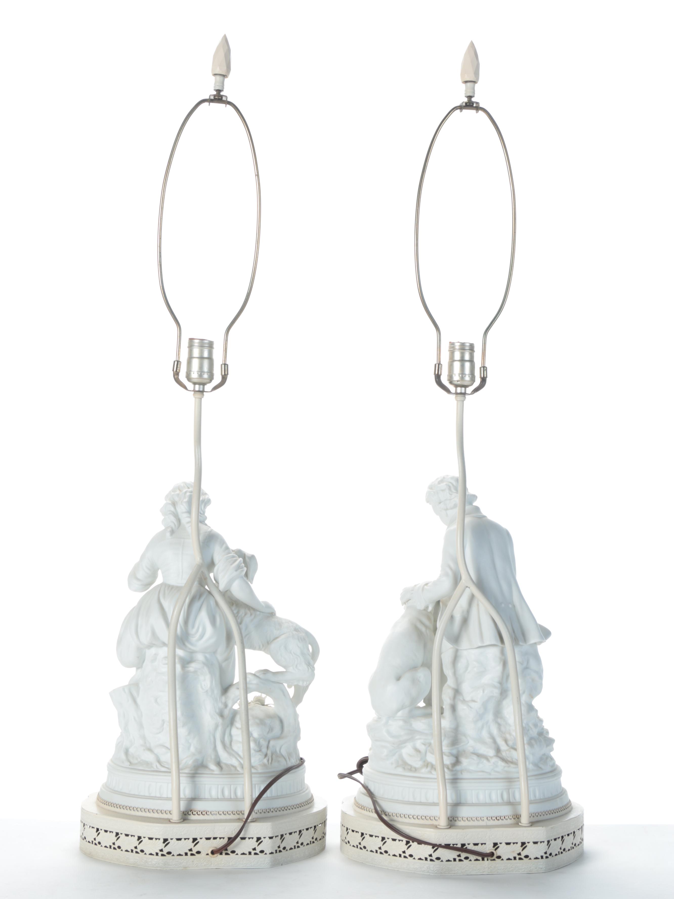 Victorian Parian Ware Style Porcelain Figurine Boy and Girl With Dogs Lamps