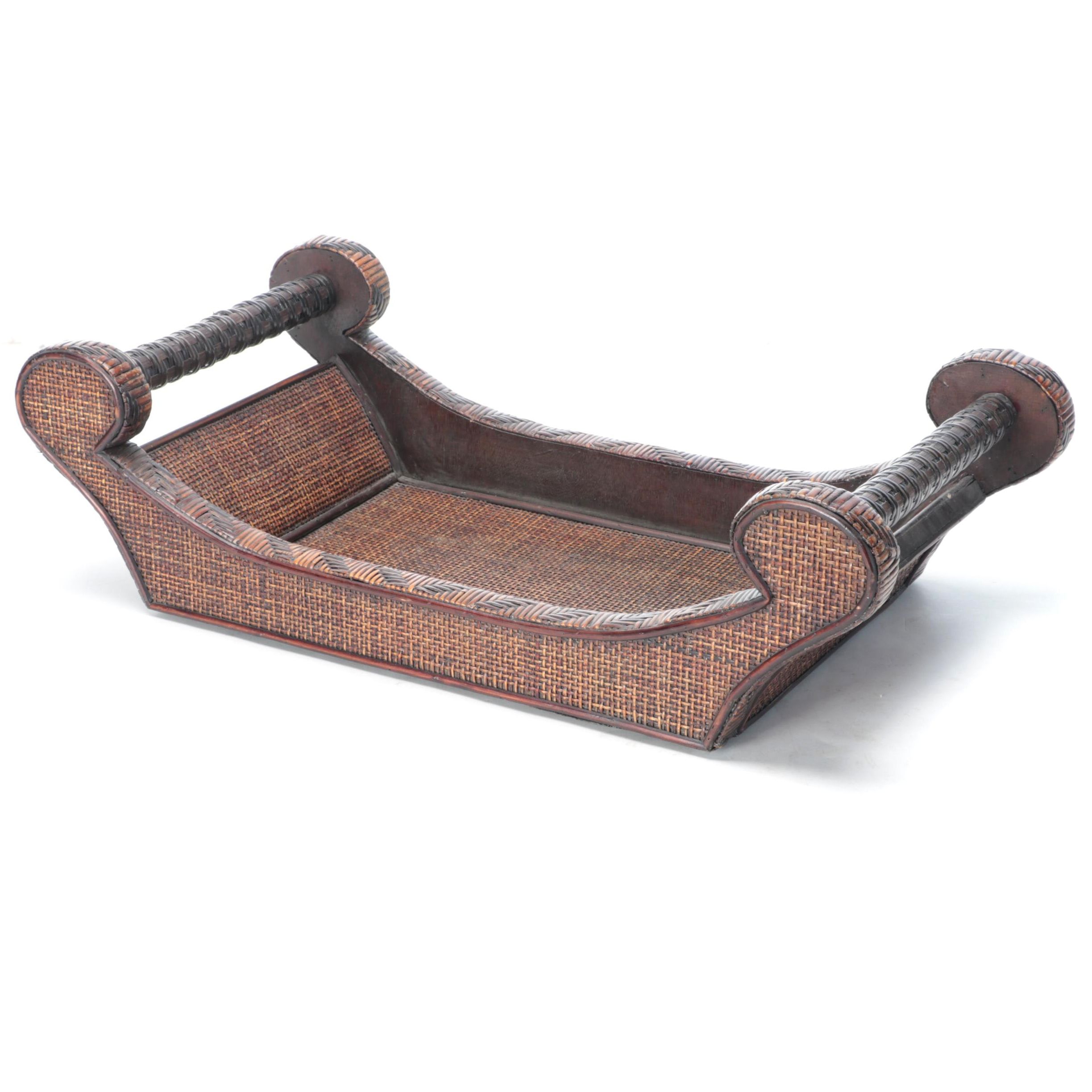 Regency Cheese Coaster Style Rattan Wicker and Wood Tray, Contemporary