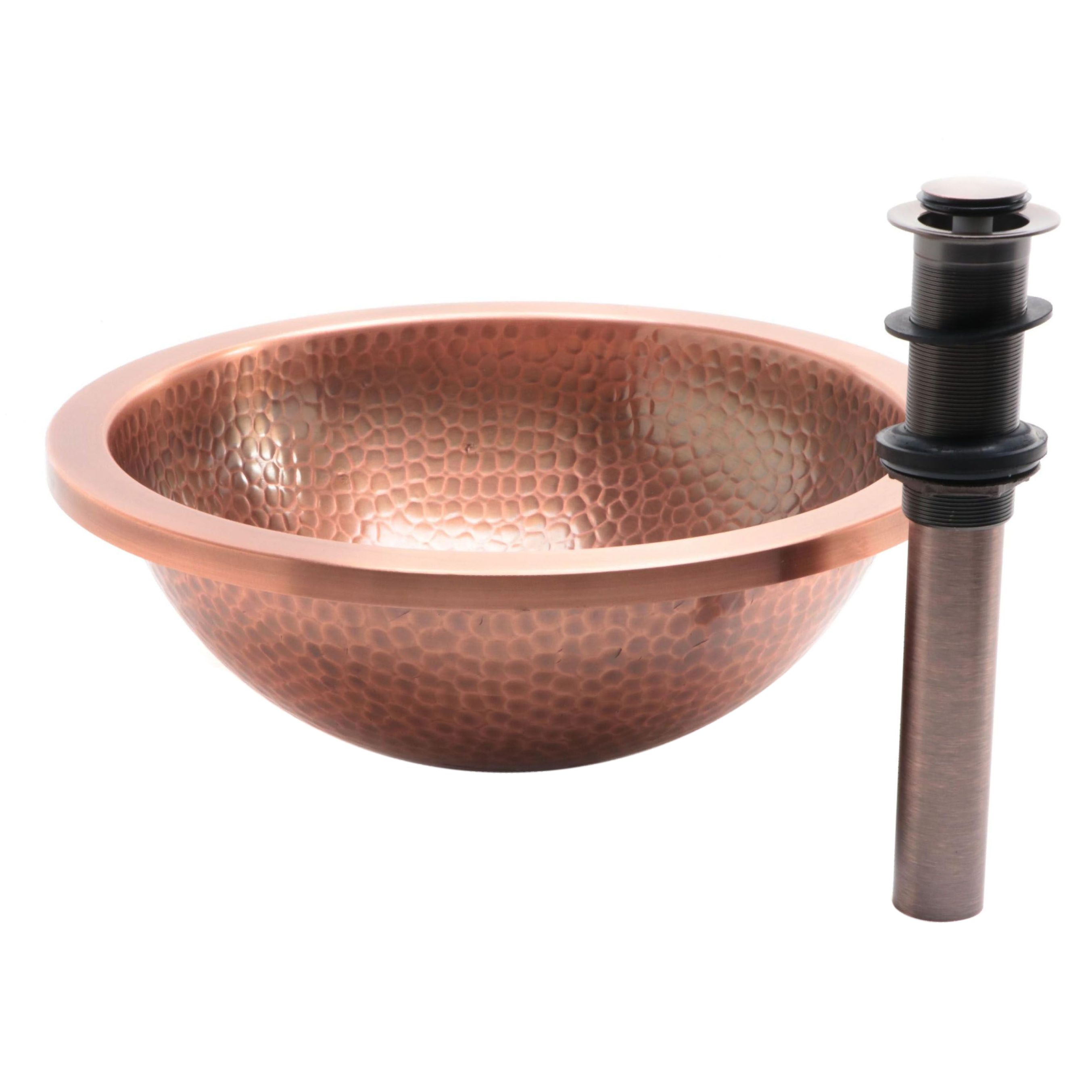 Hammered Copper Undermount Sink and Extended Press Pop-Up Bathroom Drain