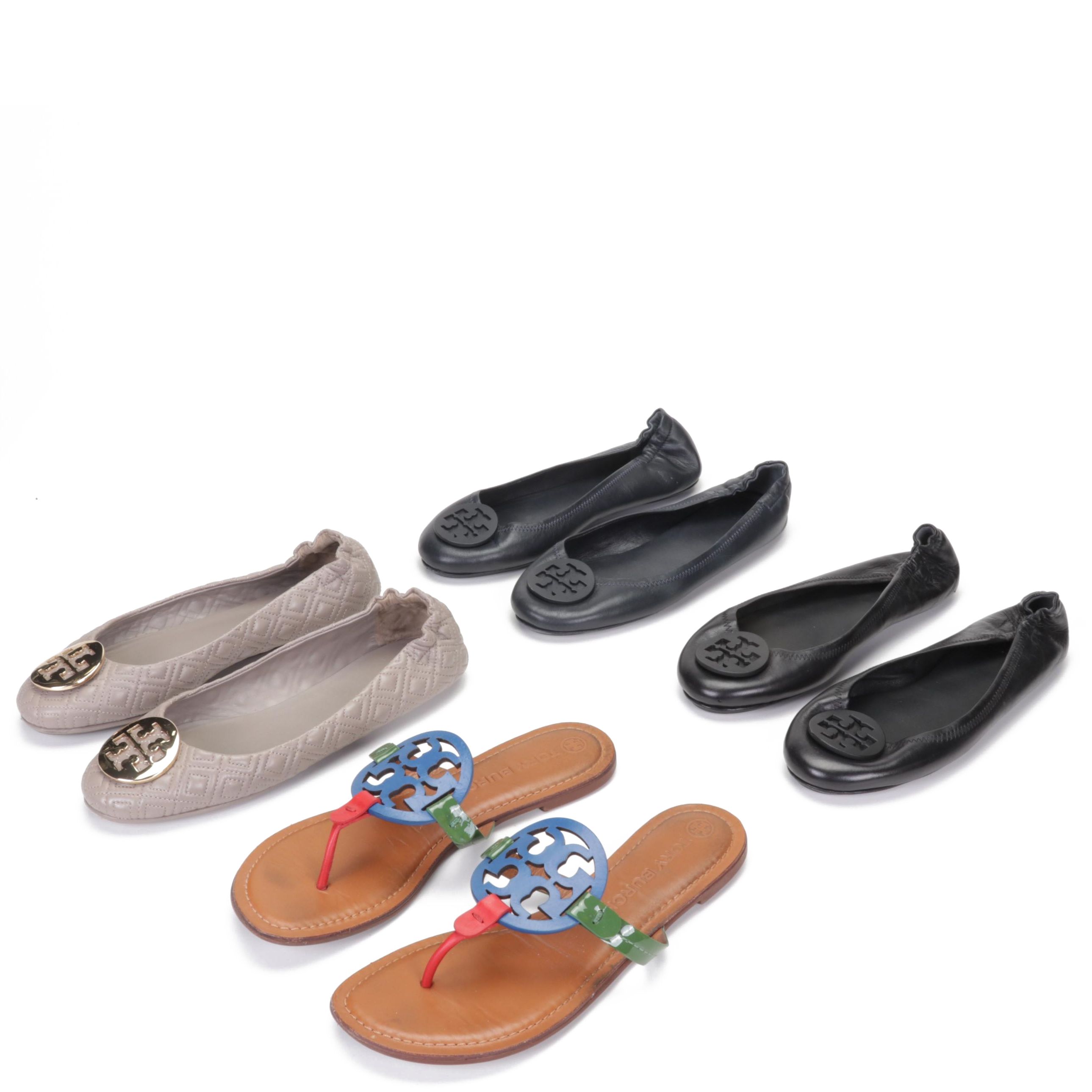 Tory Burch Miller Multicolor Sandals with Navy, Black, and Quilted Ballet Flats