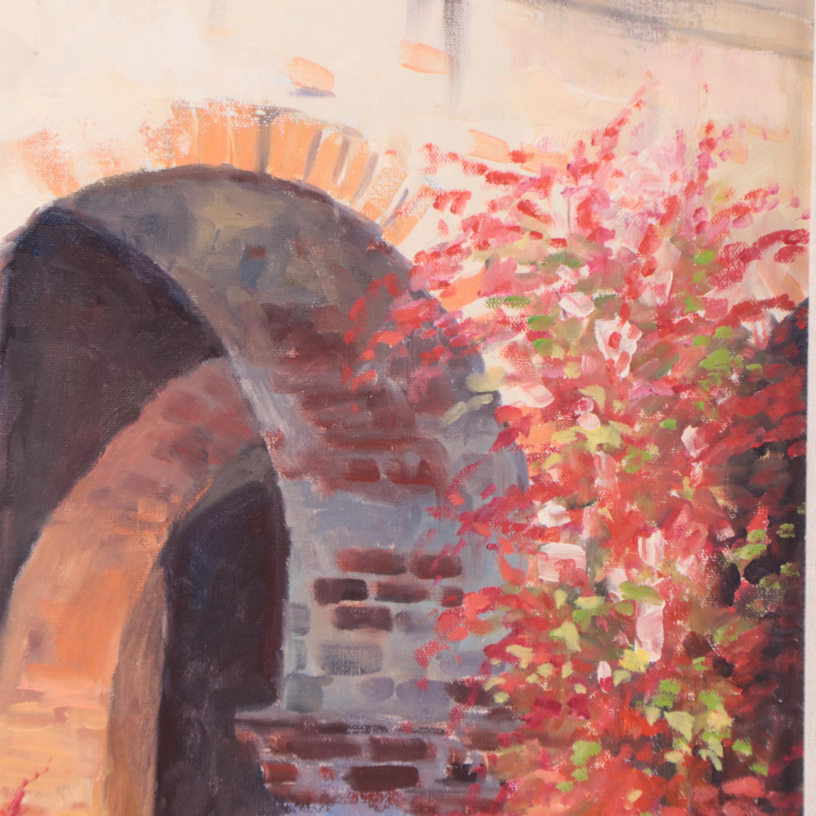 Peter Van Dusen Oil Painting of Courtyard With Arched Doorways