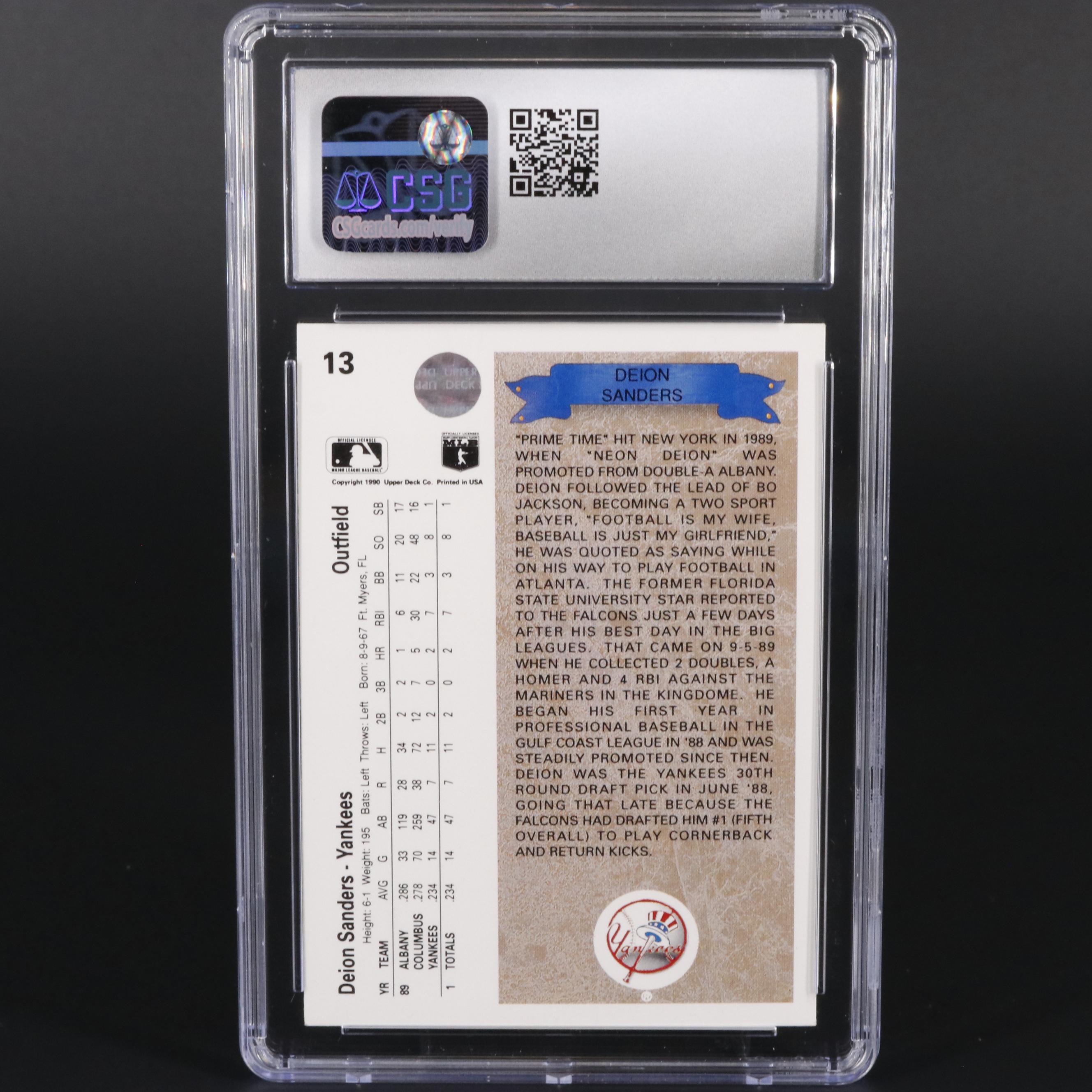 1990 Upper Deck Deion Sanders #13 Graded CSG 9 Mint Baseball Card
