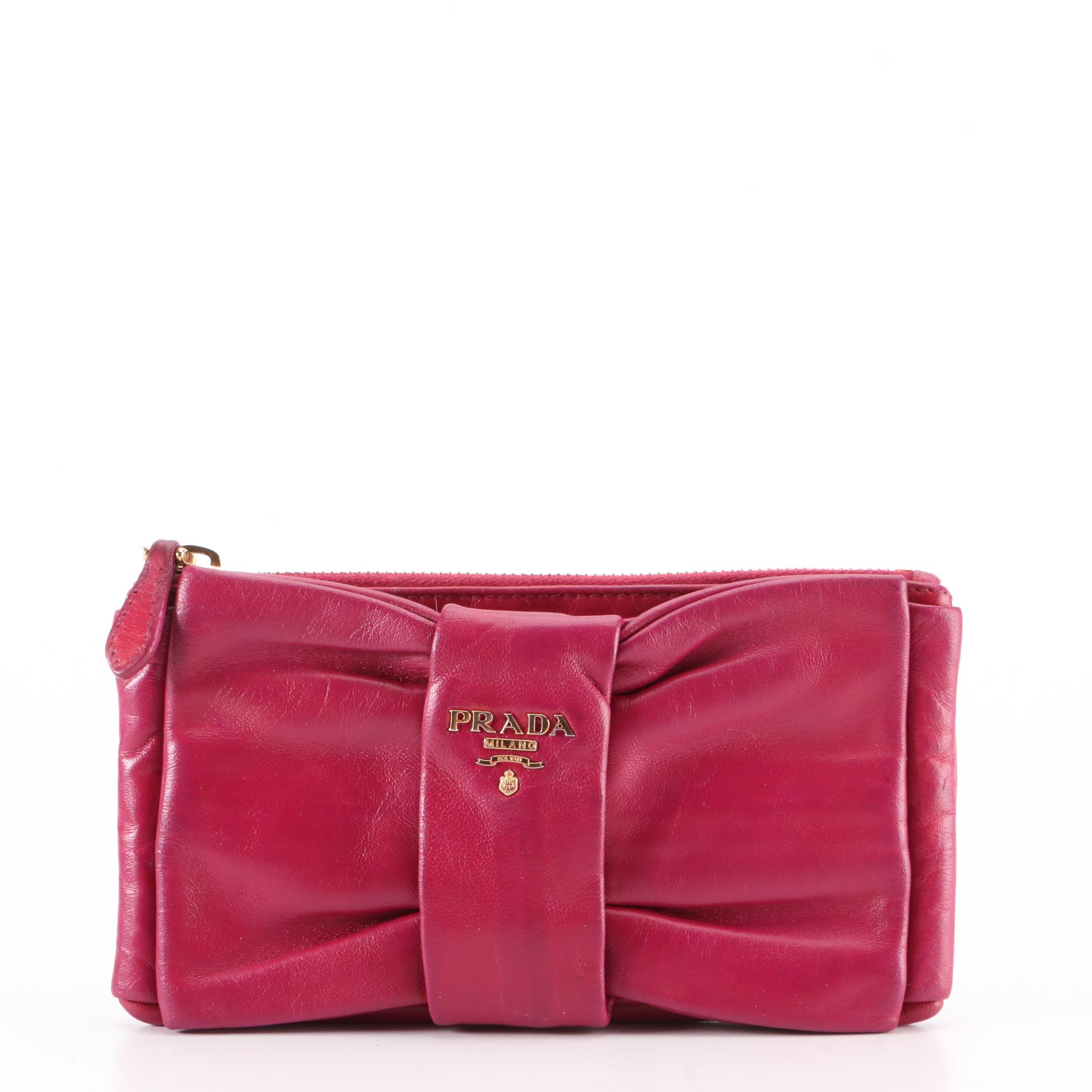 Prada Pleated Leather Bow Zip Pouch