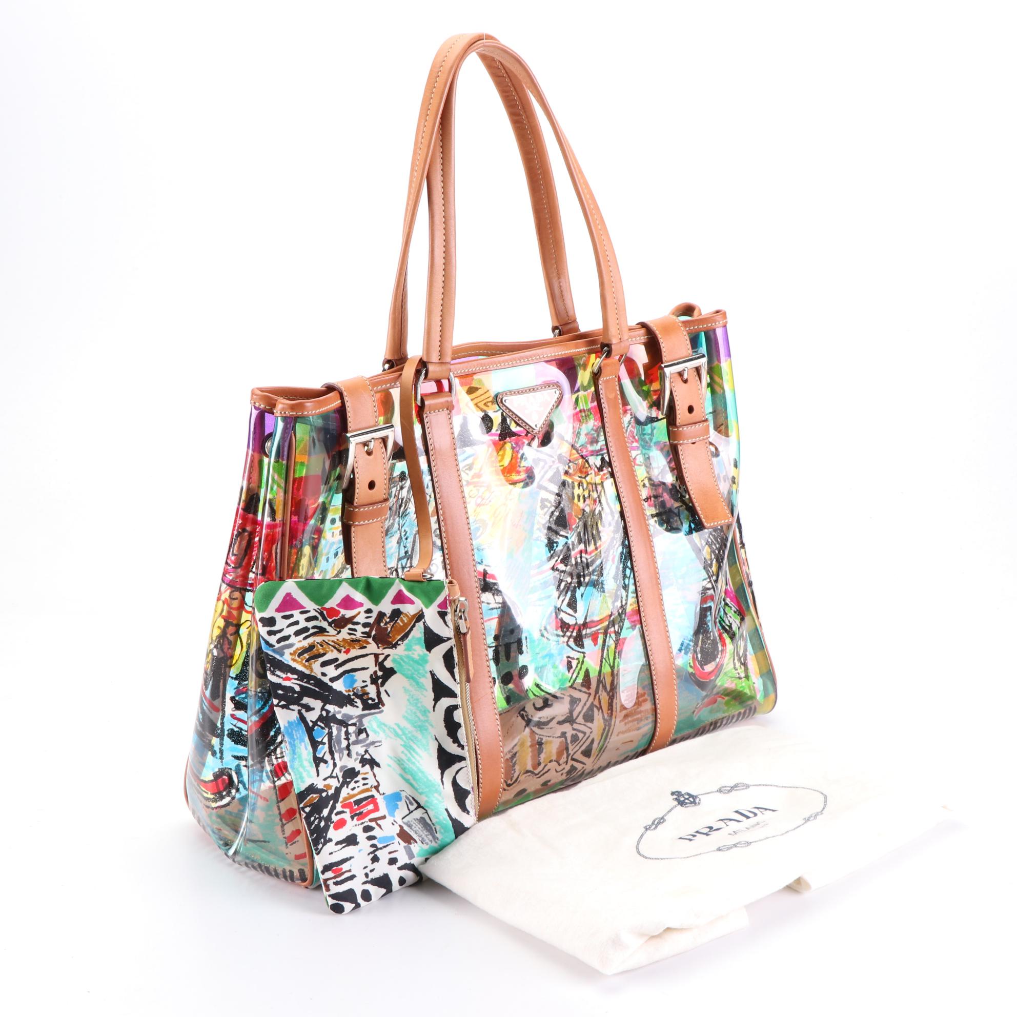 Prada Buckle Strap Tote in Printed Vinyl with Leather Trim and Pouch