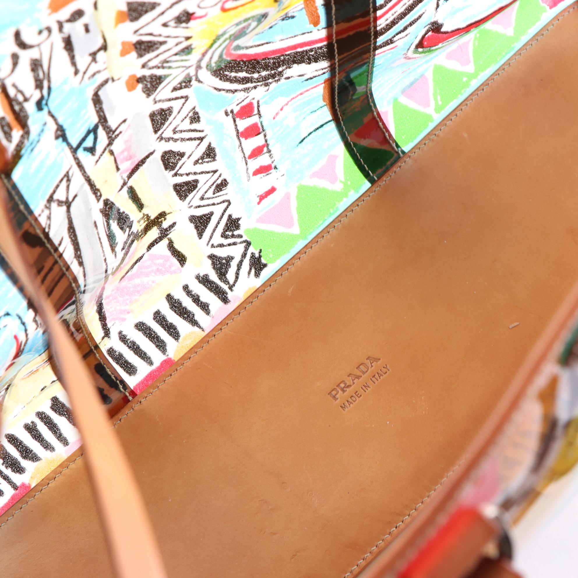 Prada Buckle Strap Tote in Printed Vinyl with Leather Trim and Pouch