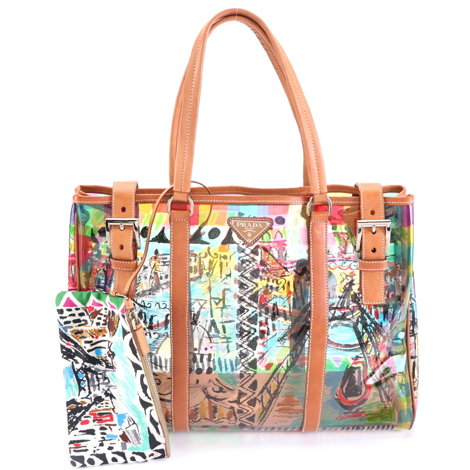 Prada Buckle Strap Tote in Printed Vinyl with Leather Trim and Pouch