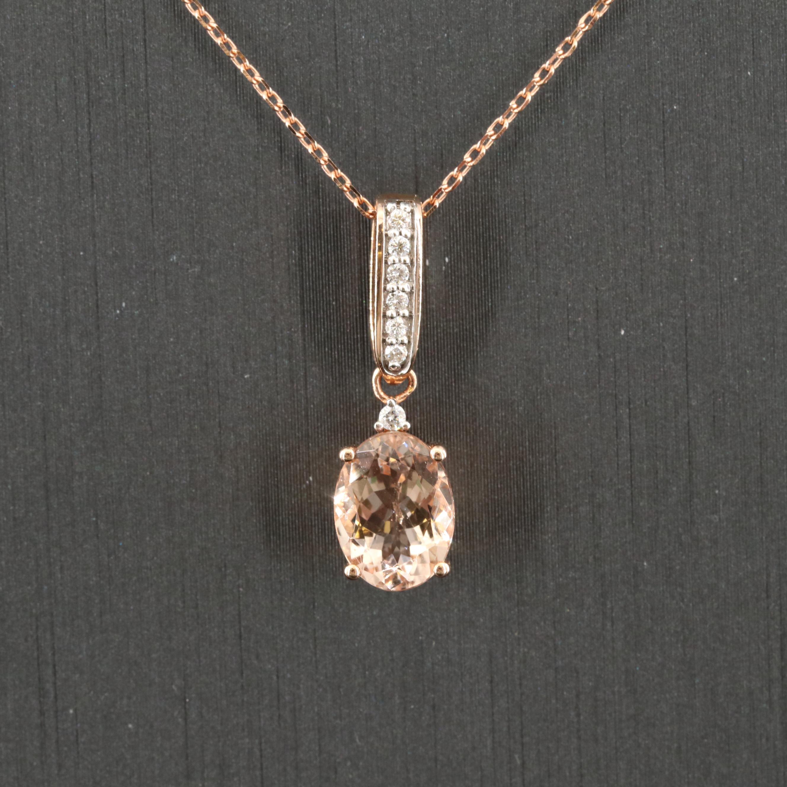 14K Rose Gold Morganite and Diamond Pendant Necklace