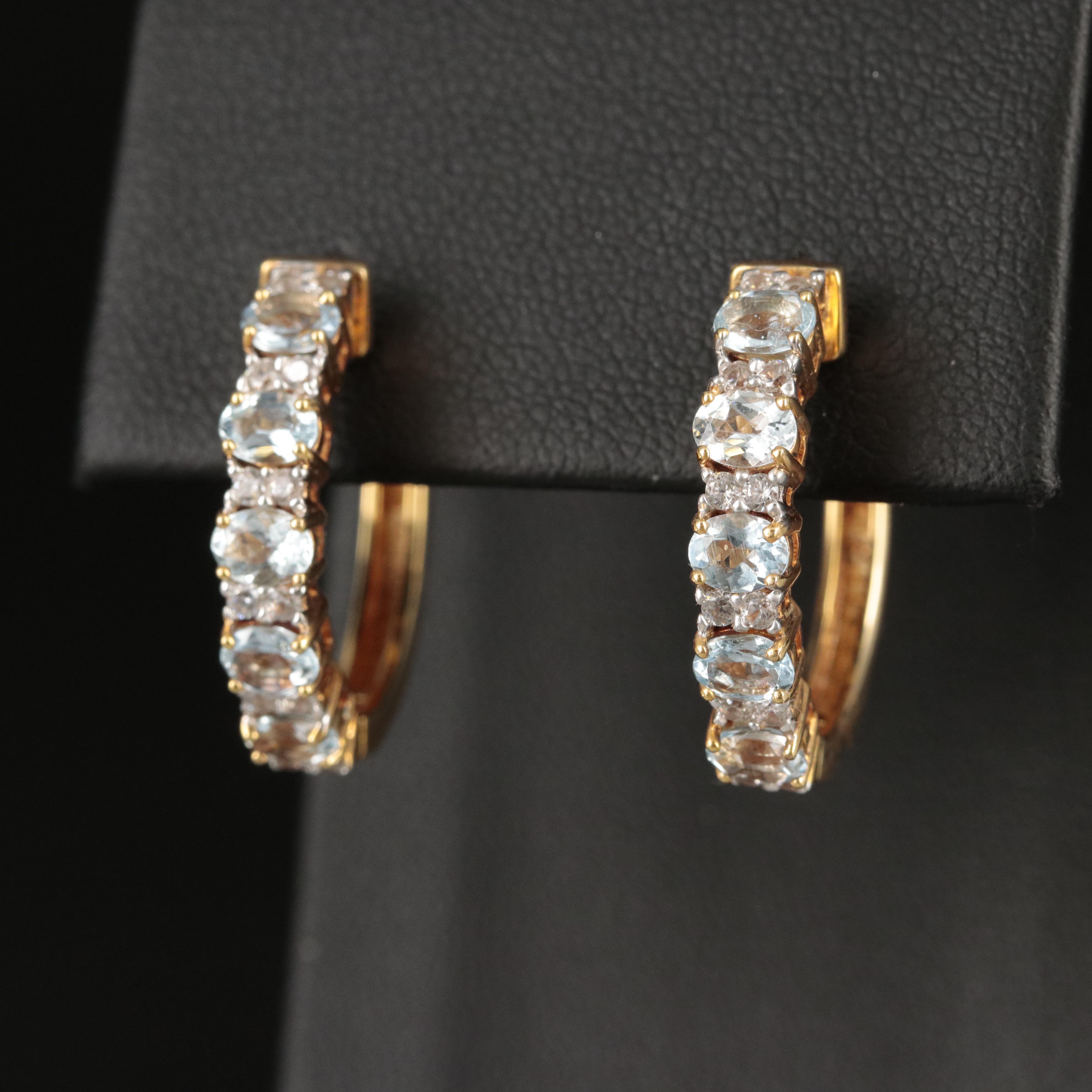 Sterling Aquamarine and Cubic Zirconia Hoop Earrings