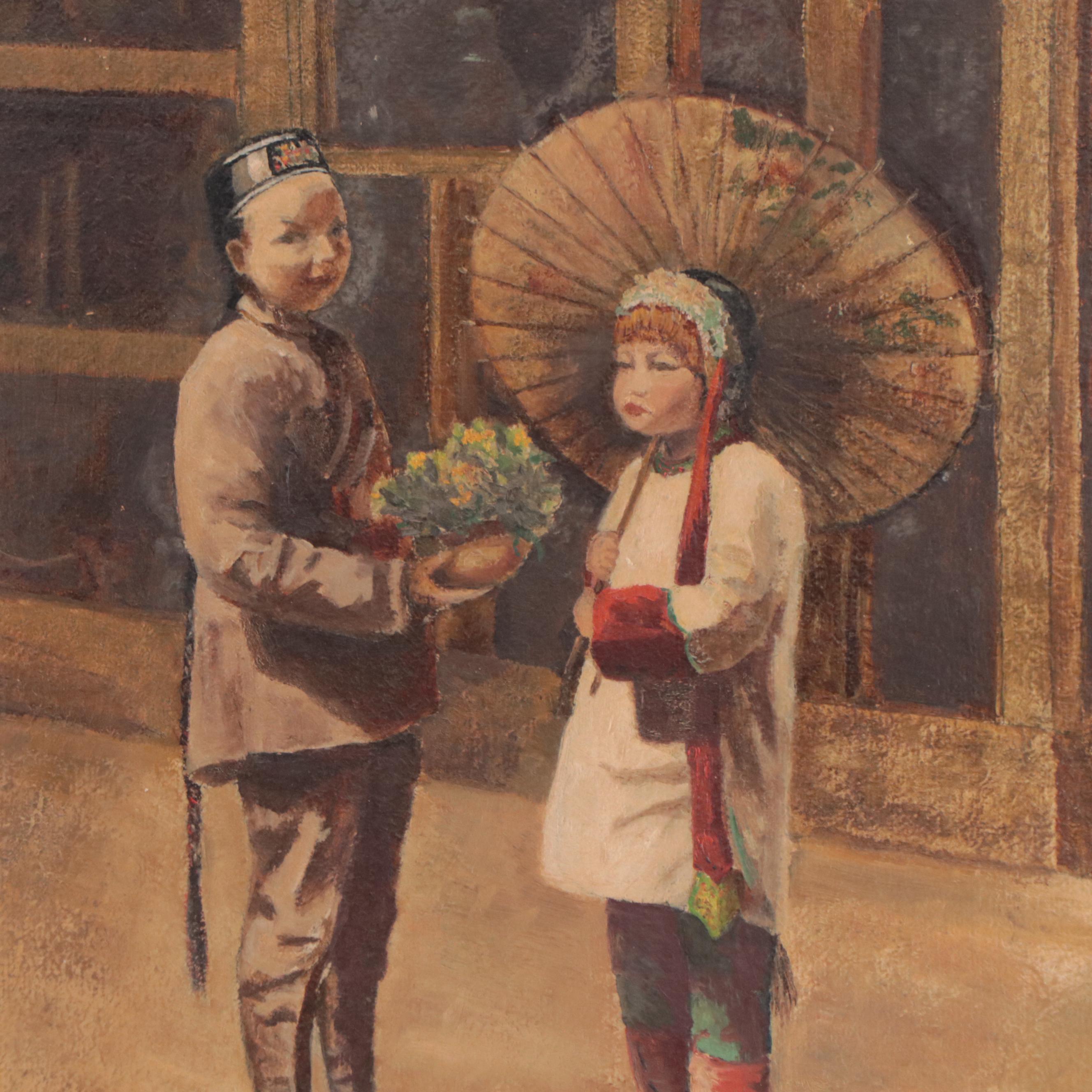 Helen Bradford Oil Painting "Little Friends," Mid-20th Century