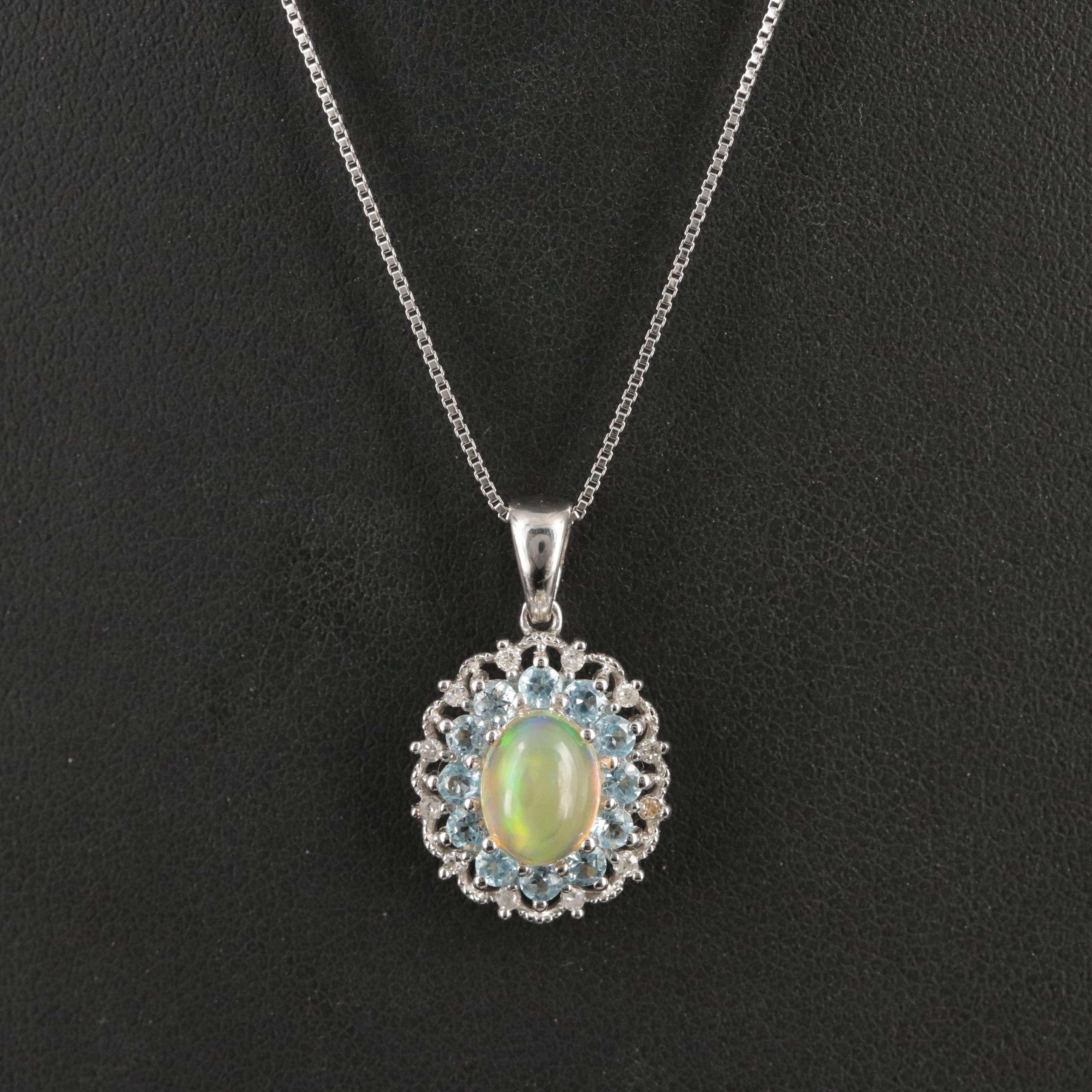 Sterling Opal, Topaz and Diamond Pendant Necklace