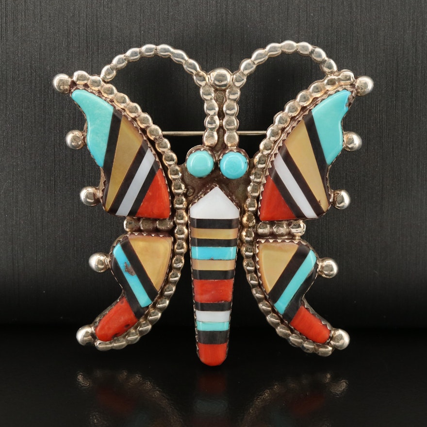 Southwestern Sterling Coral, Turquoise and Mother-of-Pearl Butterfly Brooch