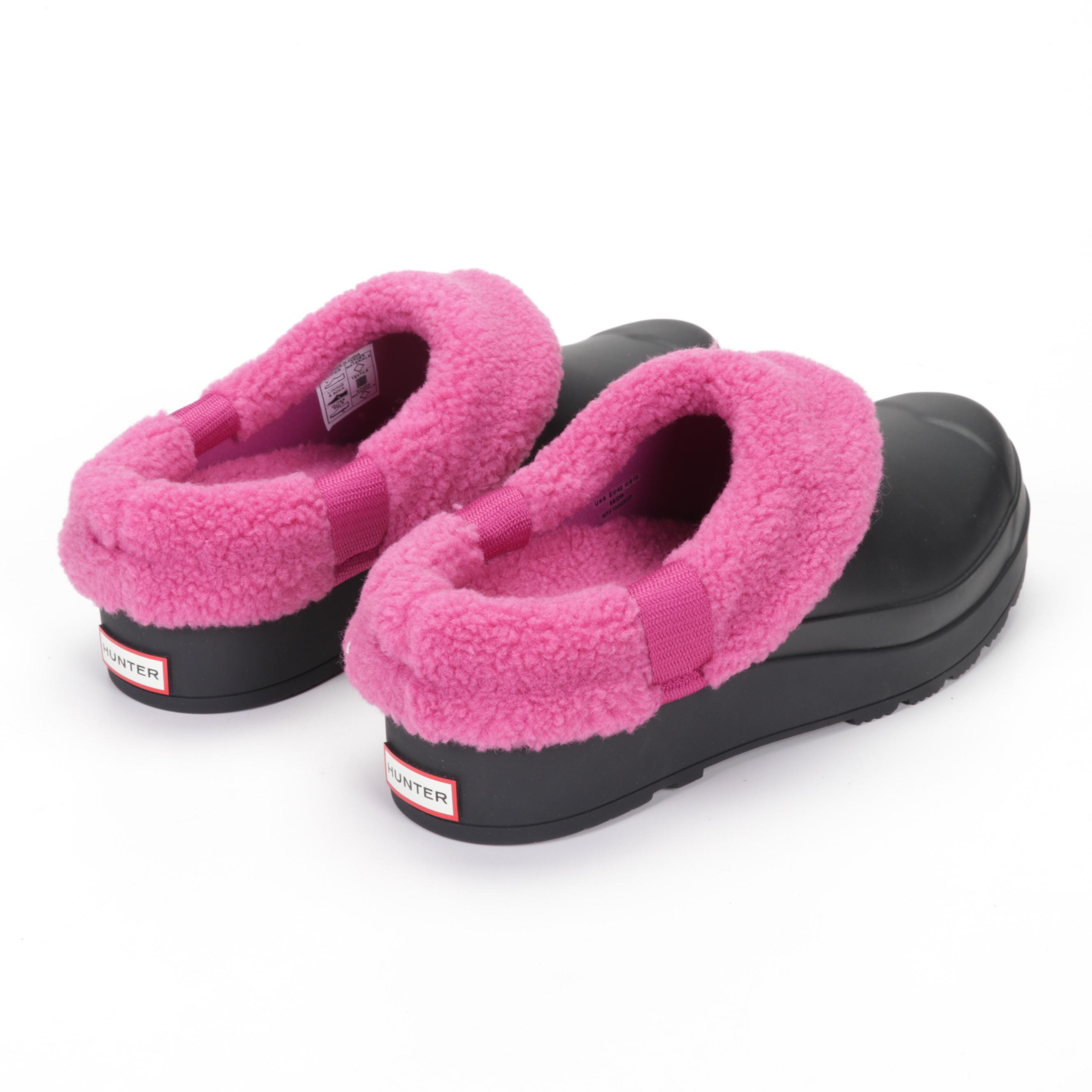 Hunter Play Black and Pink Vegan Shearling Insulated Clogs with Box
