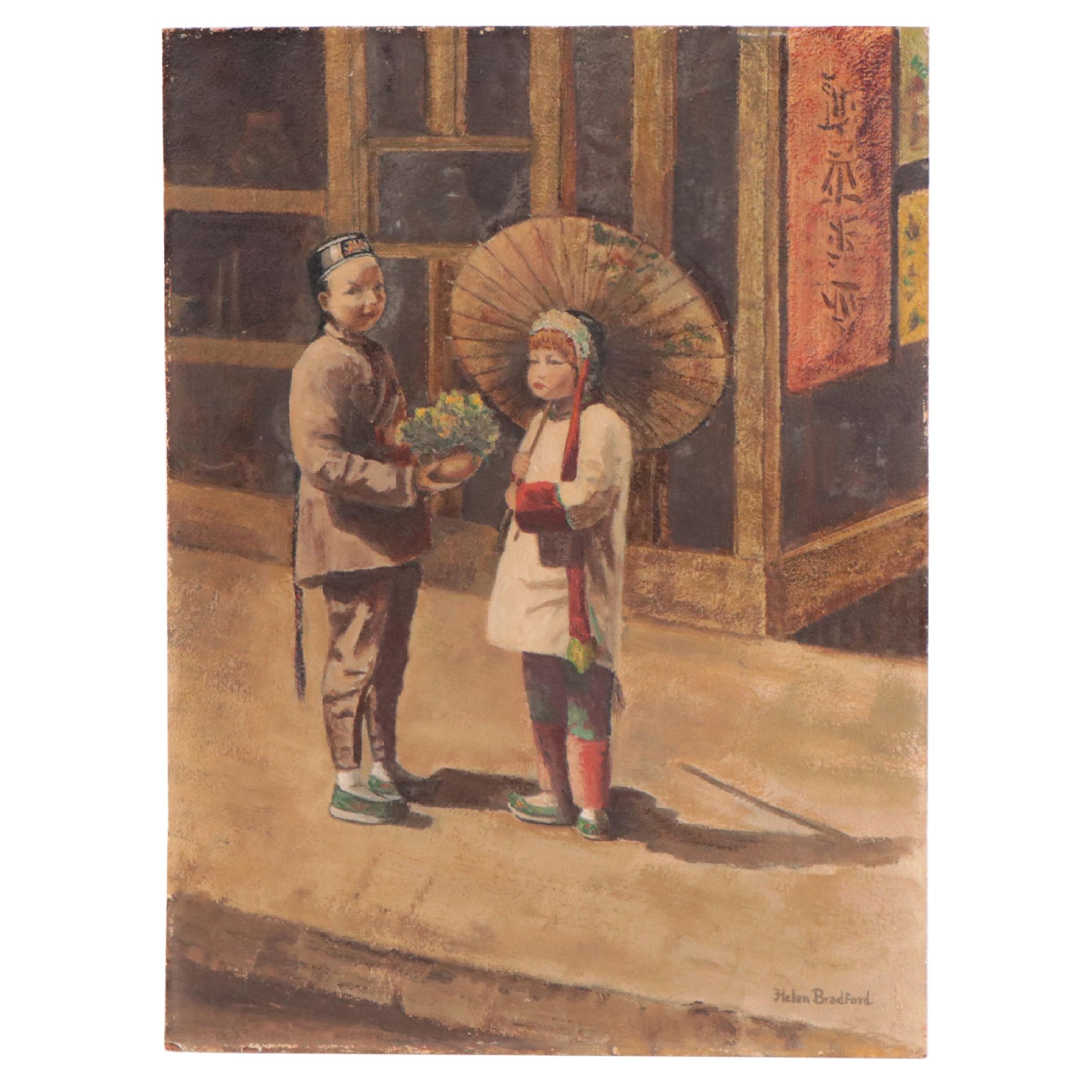 Helen Bradford Oil Painting "Little Friends," Mid-20th Century