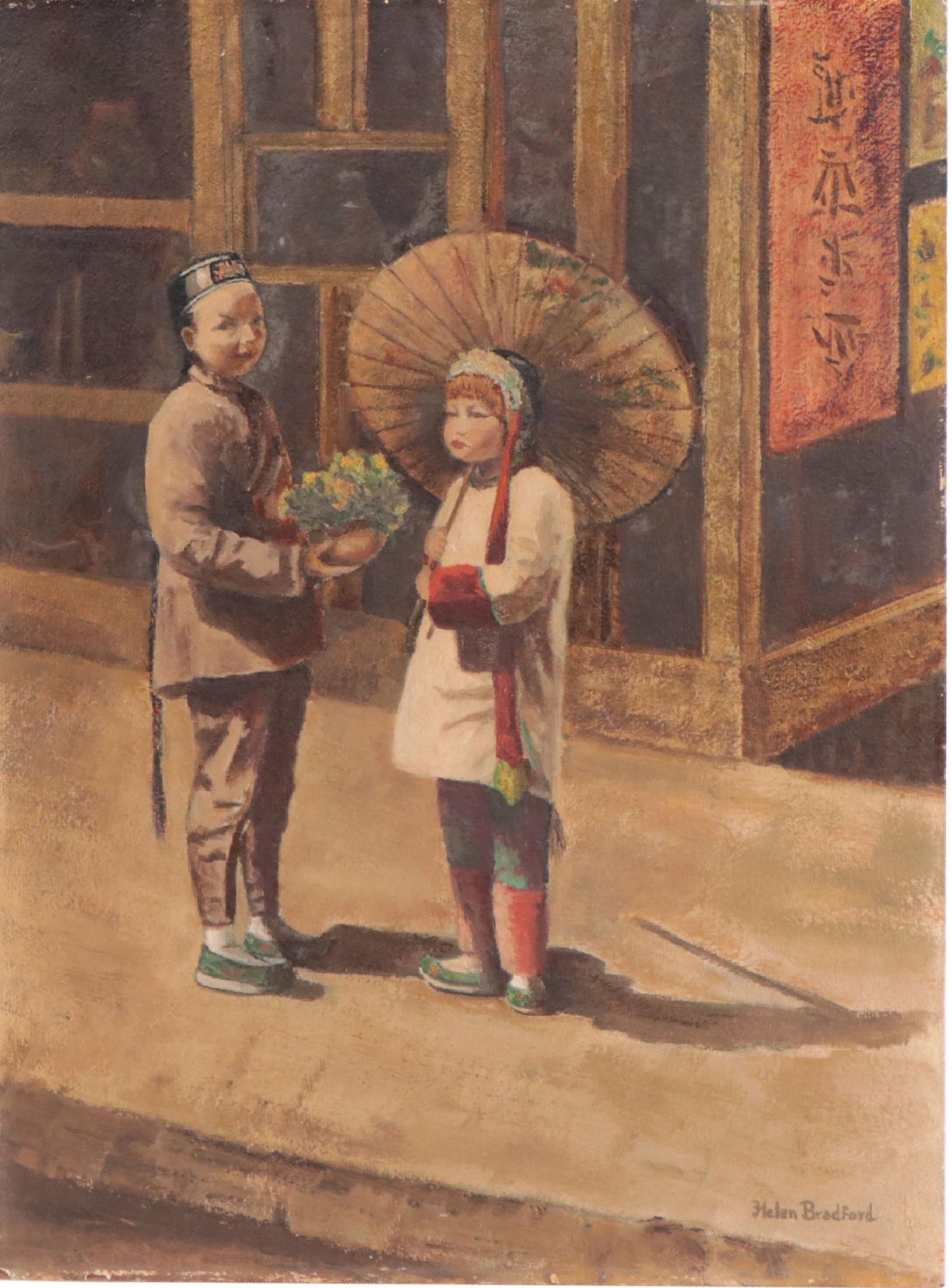 Helen Bradford Oil Painting "Little Friends," Mid-20th Century