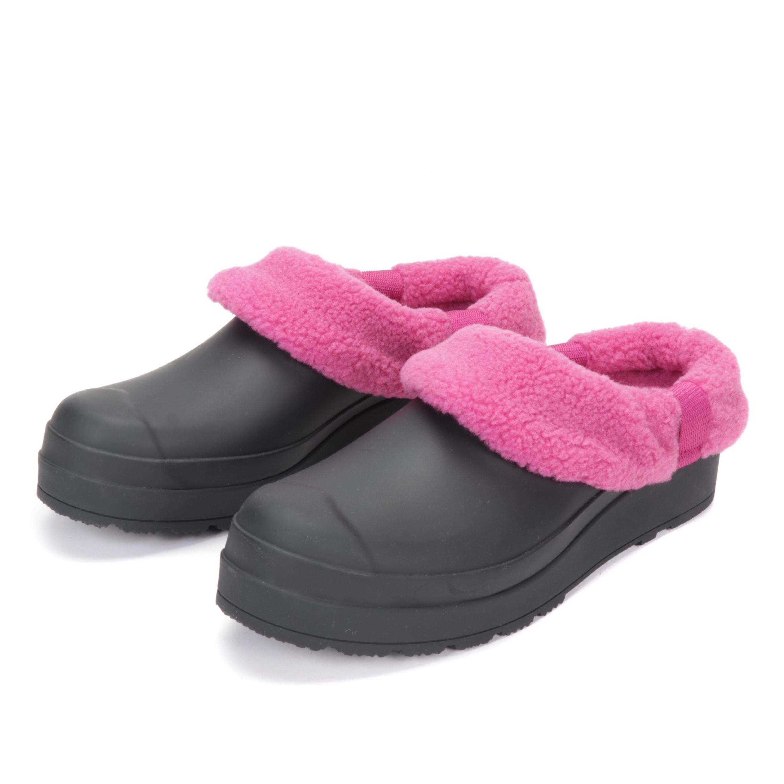 Hunter Play Black and Pink Vegan Shearling Insulated Clogs with Box