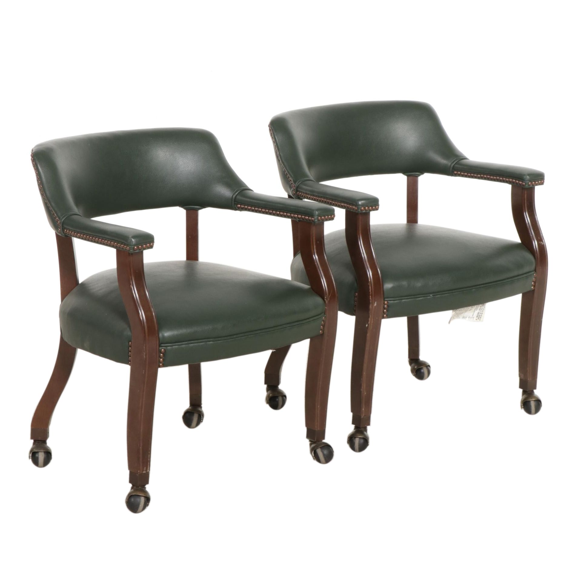 Pair of Carolina House Green Faux Leather Rolling Office Chairs