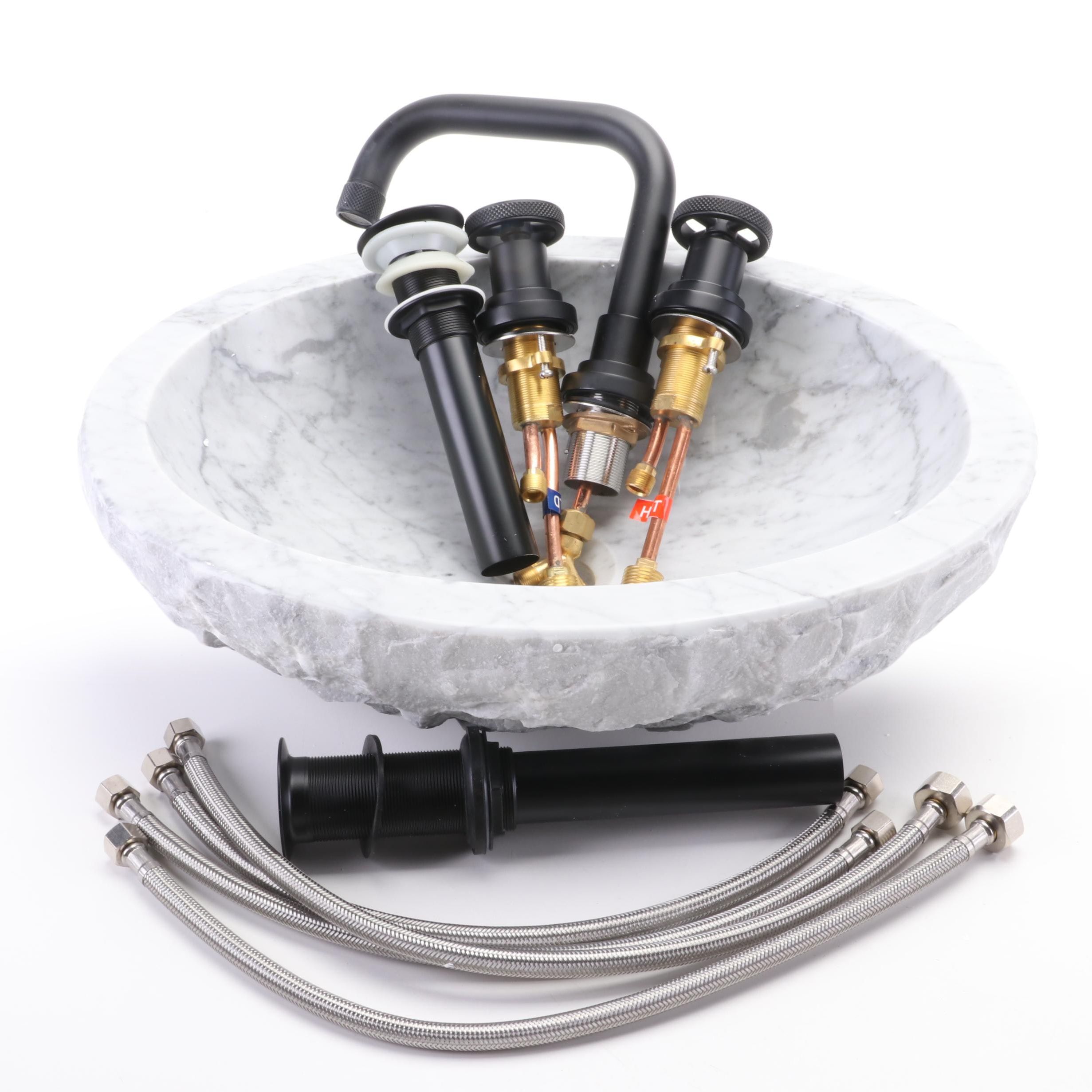 Marble Oval Sink, Matte Black Extended Press Pop-Up Drain and Widespread Faucet