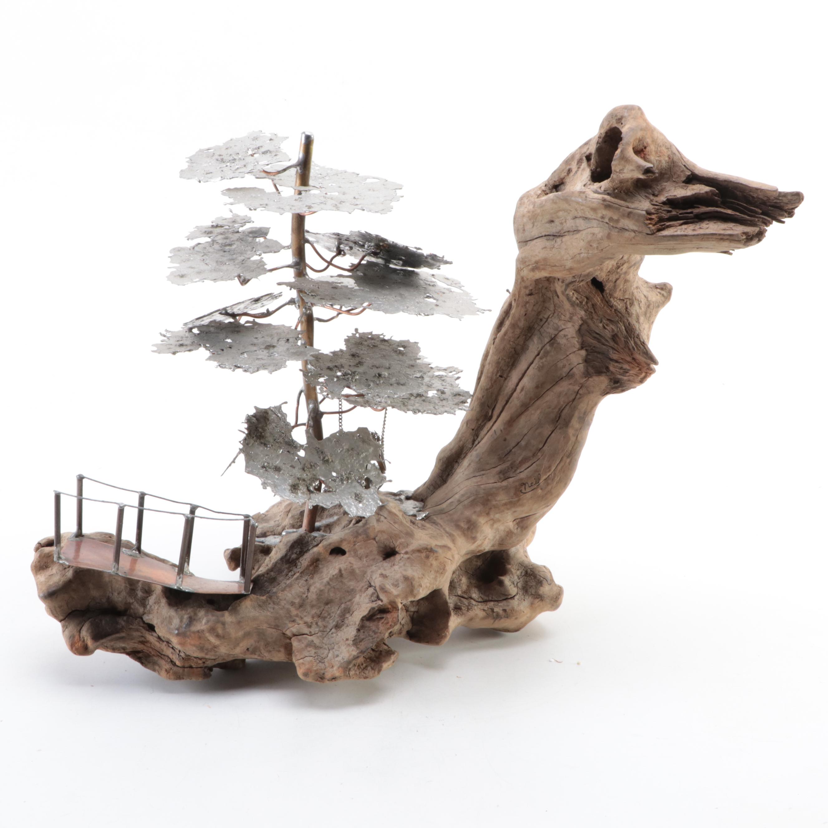 Artist Signed Assembled Landscape Sculpture with Girl on Swing