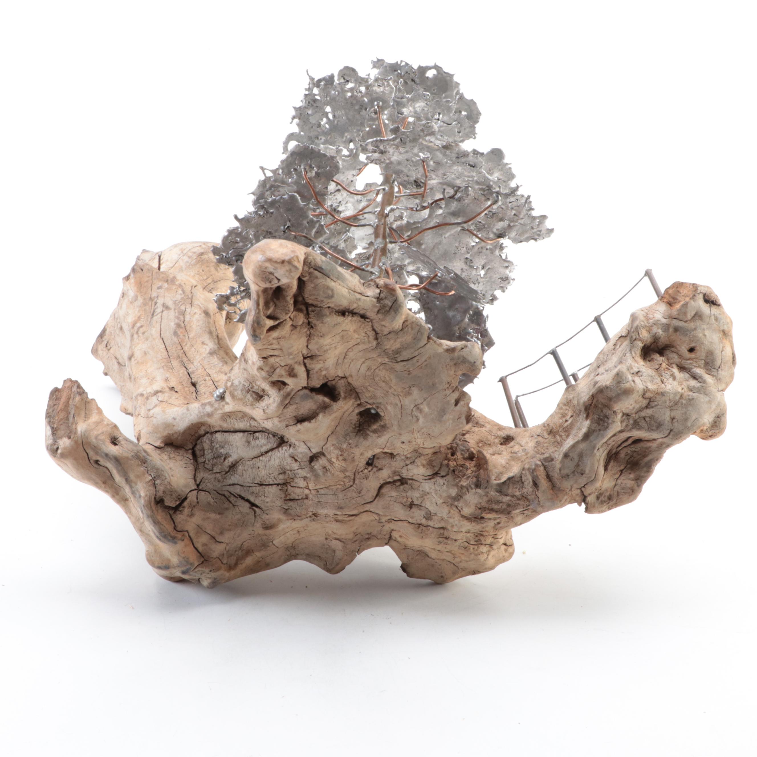 Artist Signed Assembled Landscape Sculpture with Girl on Swing