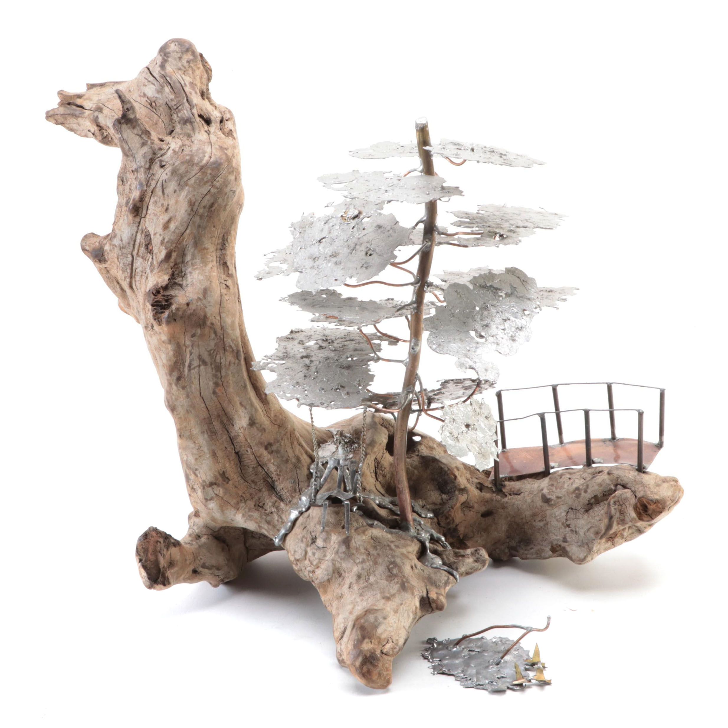 Artist Signed Assembled Landscape Sculpture with Girl on Swing