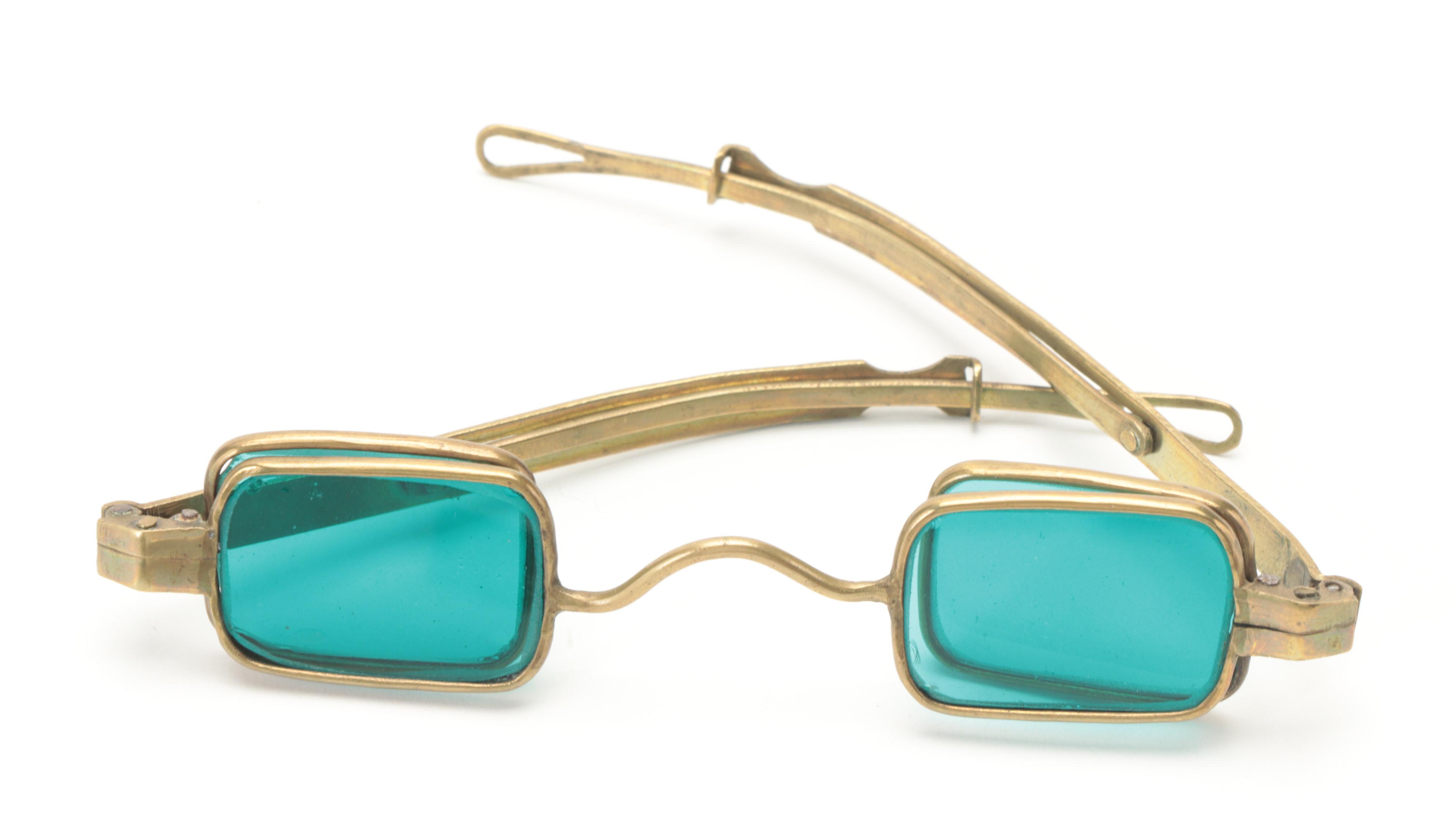 Victorian Blue Tinted Lens Brass Railroad Spectacles with Pince-Nez Glasses
