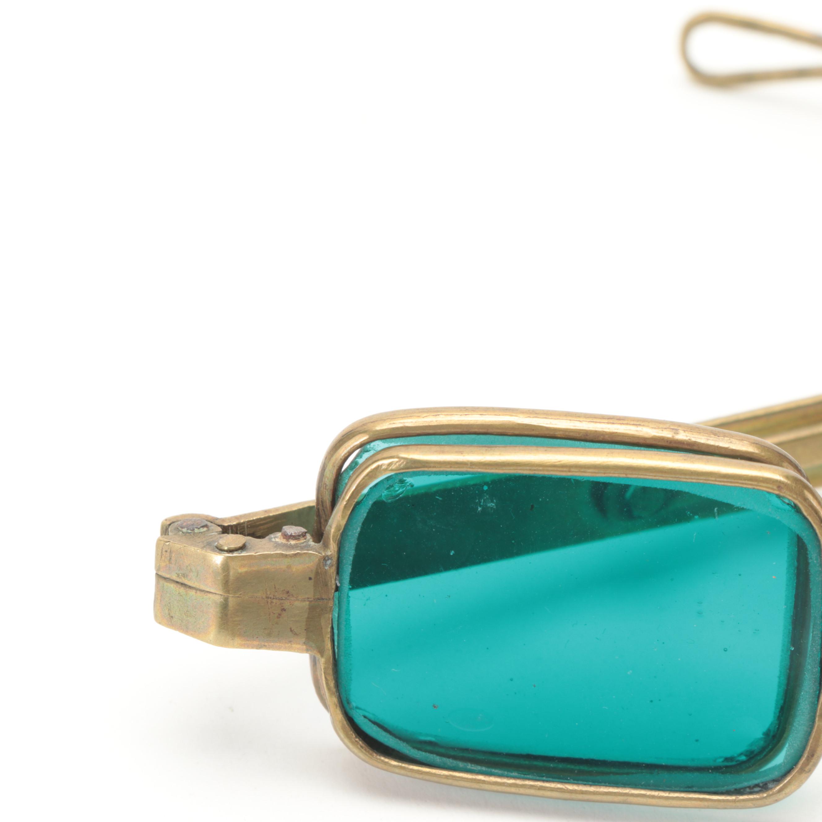 Victorian Blue Tinted Lens Brass Railroad Spectacles with Pince-Nez Glasses