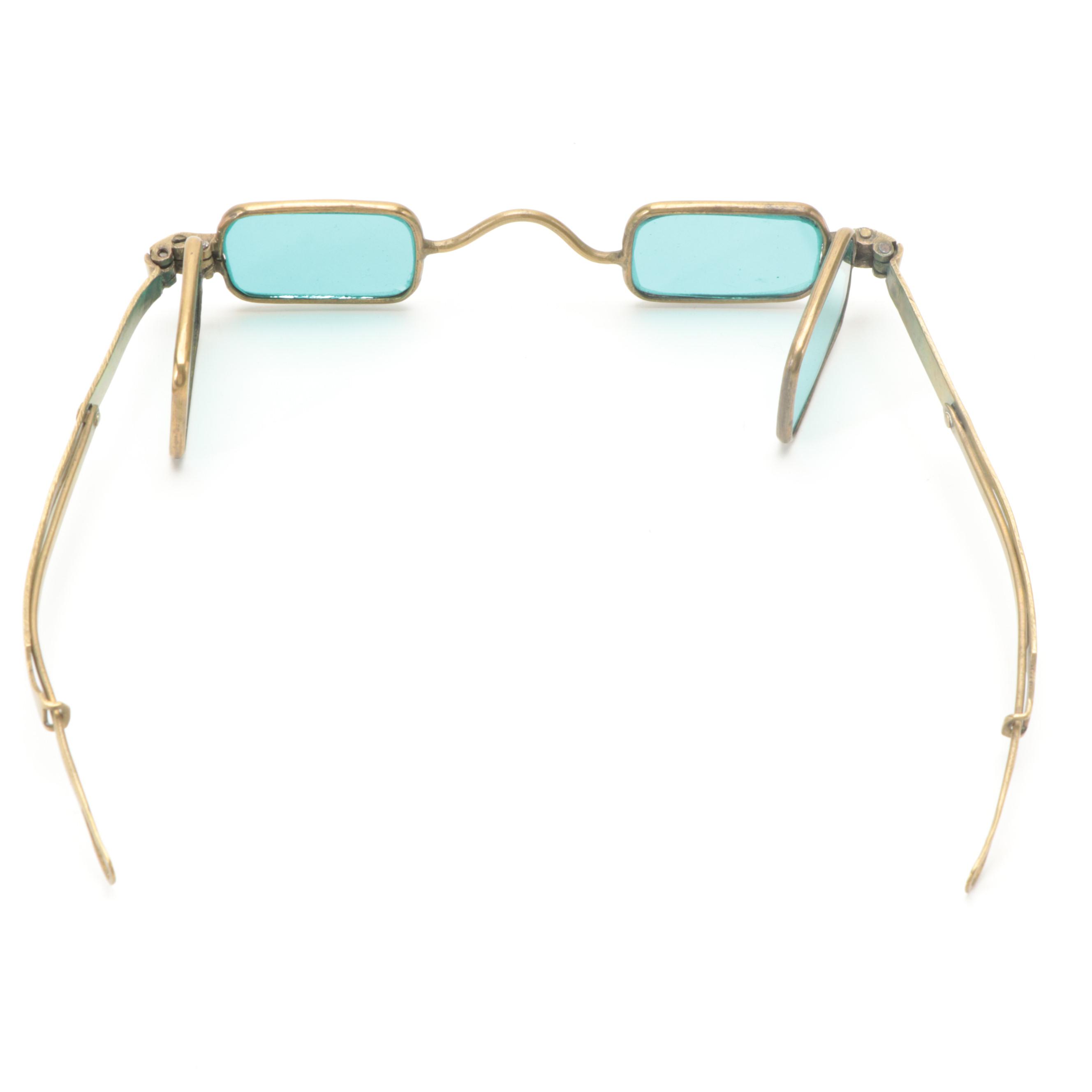 Victorian Blue Tinted Lens Brass Railroad Spectacles with Pince-Nez Glasses