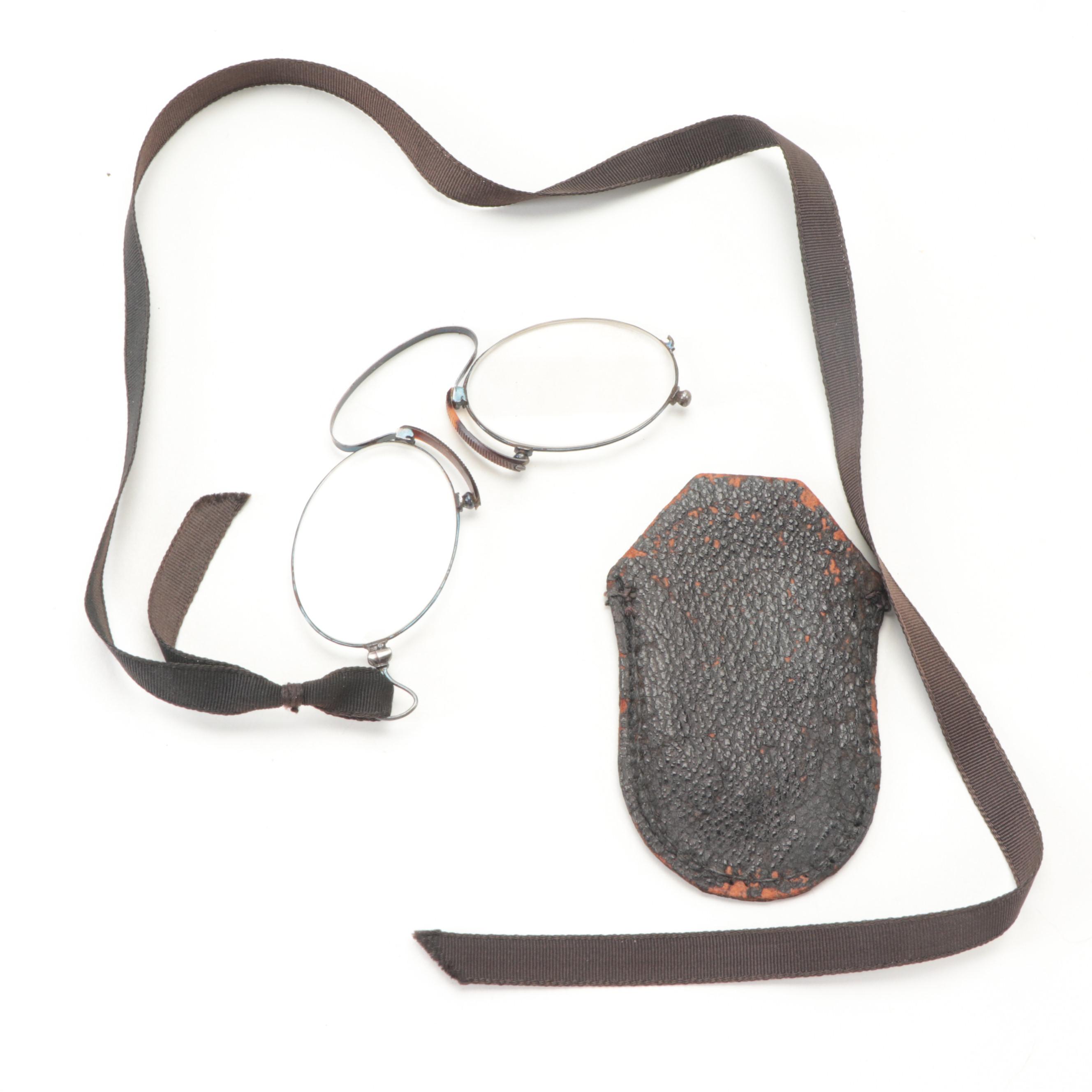 Victorian Blue Tinted Lens Brass Railroad Spectacles with Pince-Nez Glasses