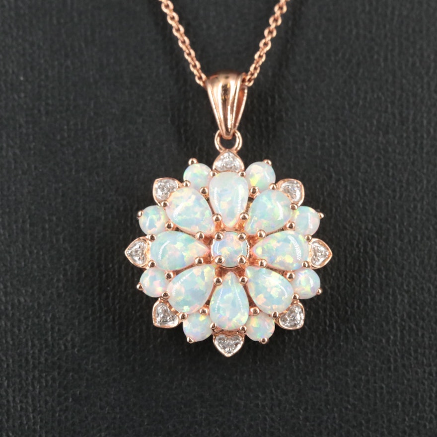 Sterling Opal and Diamond Cluster Flower Pendant Necklace