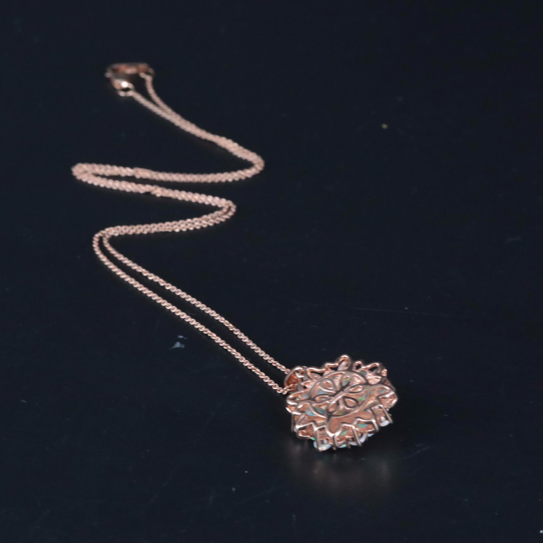 Sterling Opal and Diamond Cluster Flower Pendant Necklace
