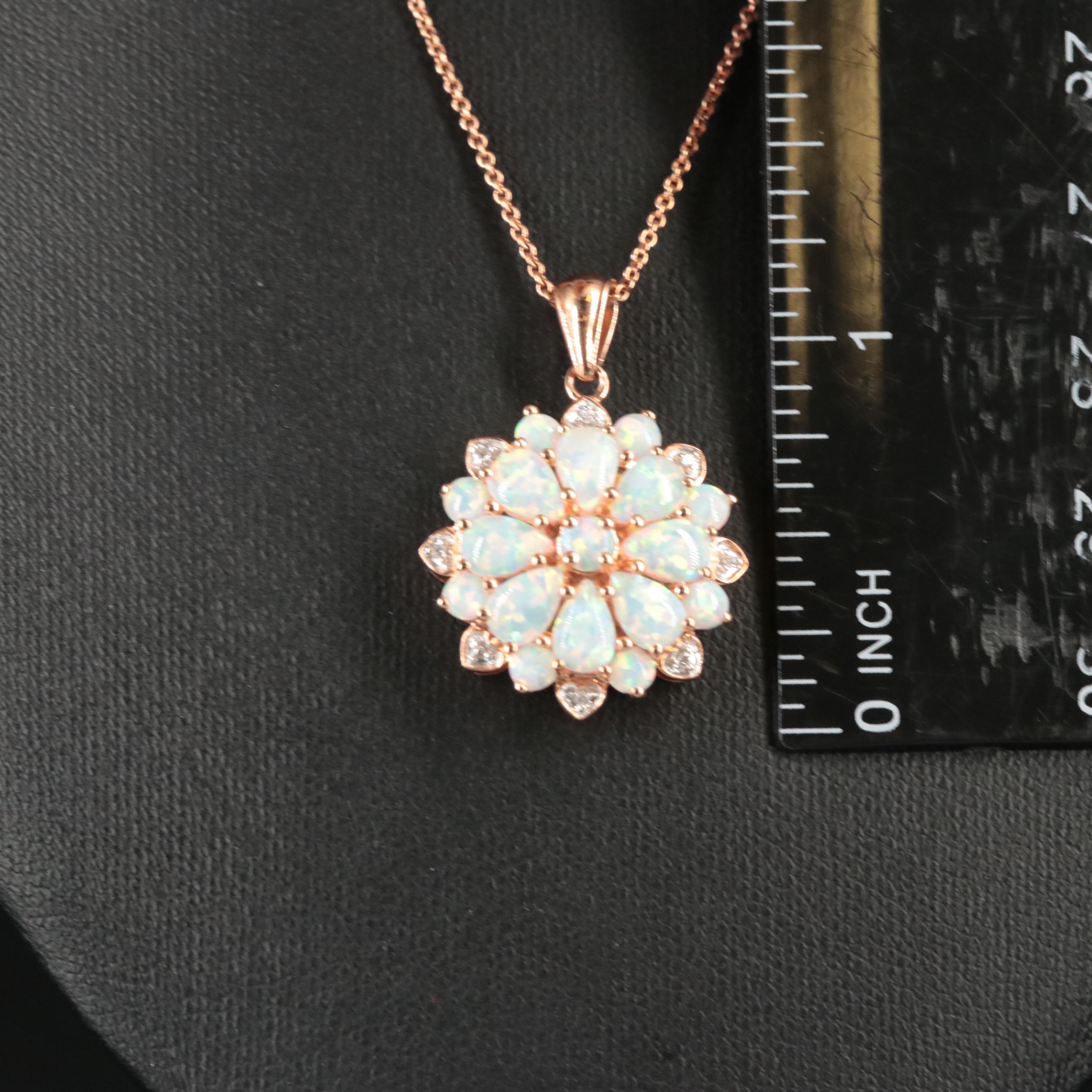 Sterling Opal and Diamond Cluster Flower Pendant Necklace