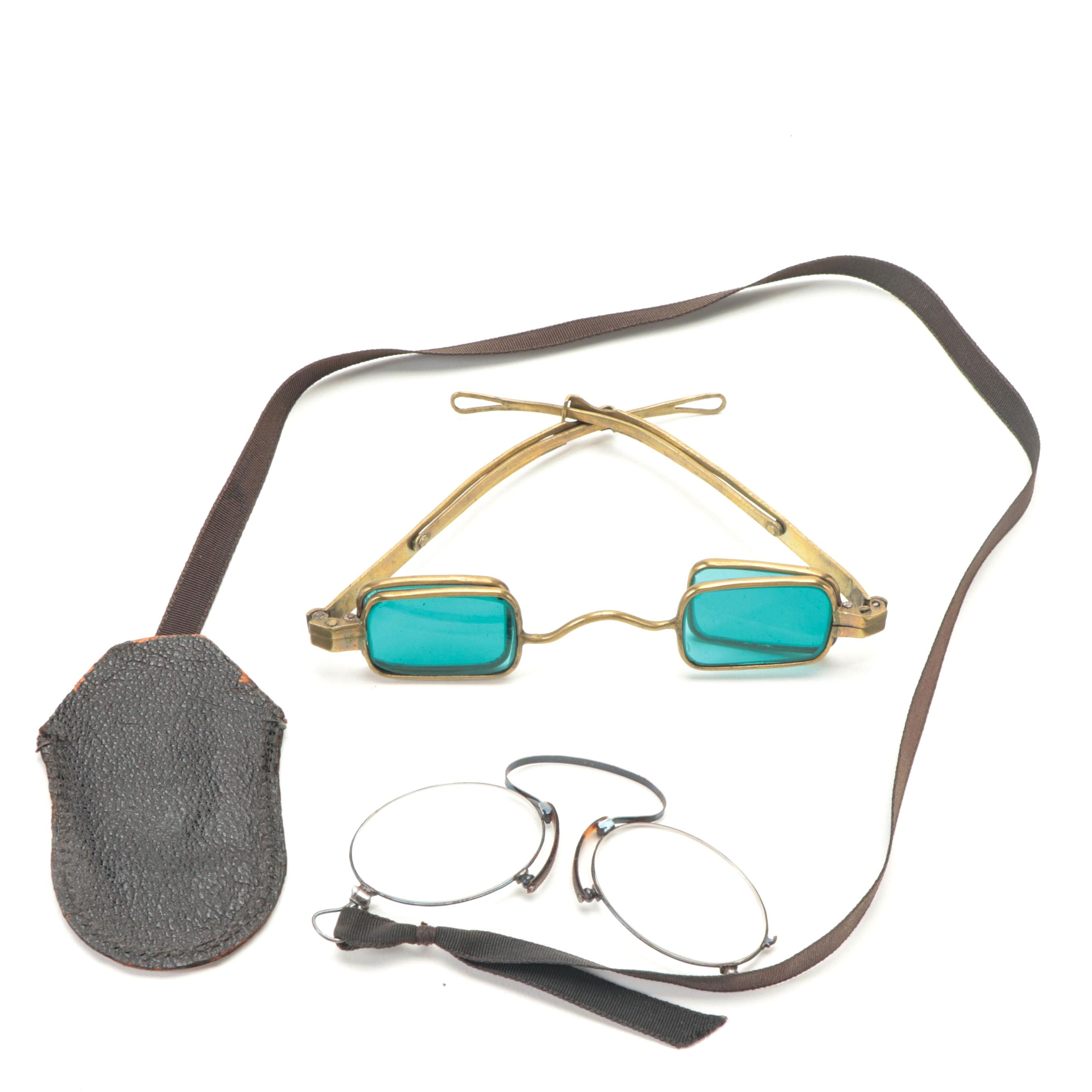 Victorian Blue Tinted Lens Brass Railroad Spectacles with Pince-Nez Glasses