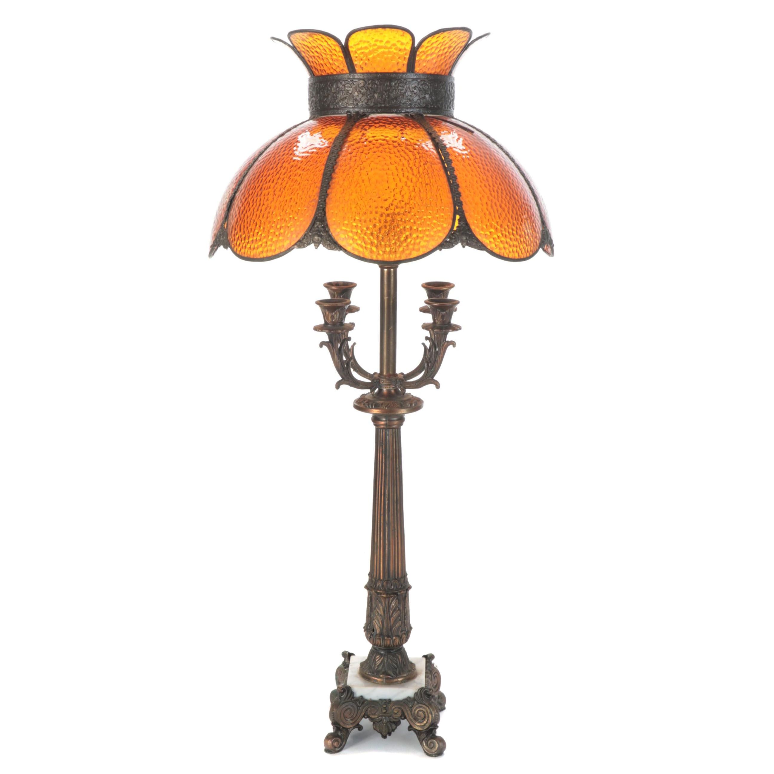 Metal Candelabrum-Form Table Lamp with Orange Glass Shade