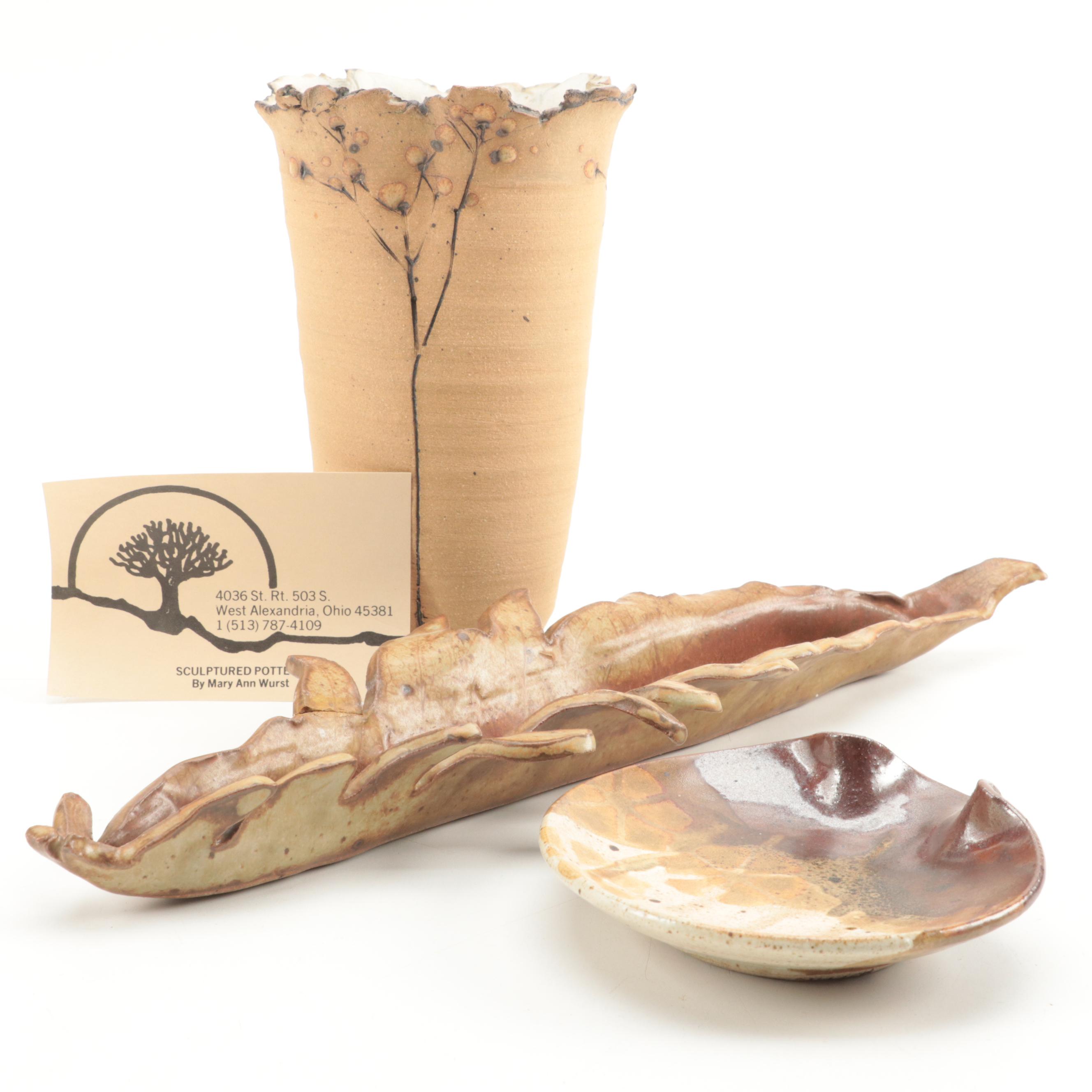 Mary Ann Wurst Ceramic Vase with Other Art Pottery, Mary Lucas Incense Holder