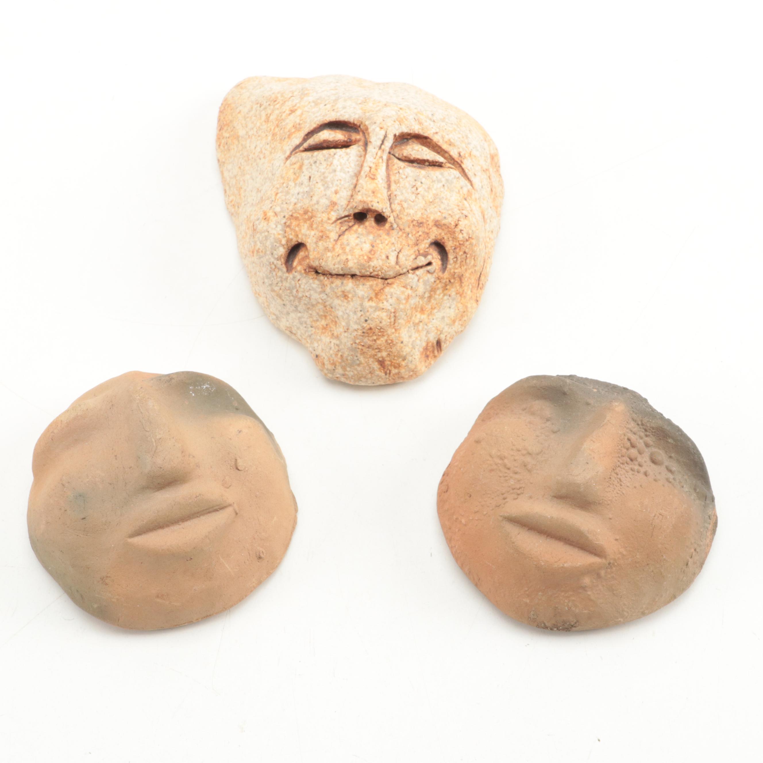 Richard M. Ball Signed Carved Stone Face with Other Stone and Ceramic Faces