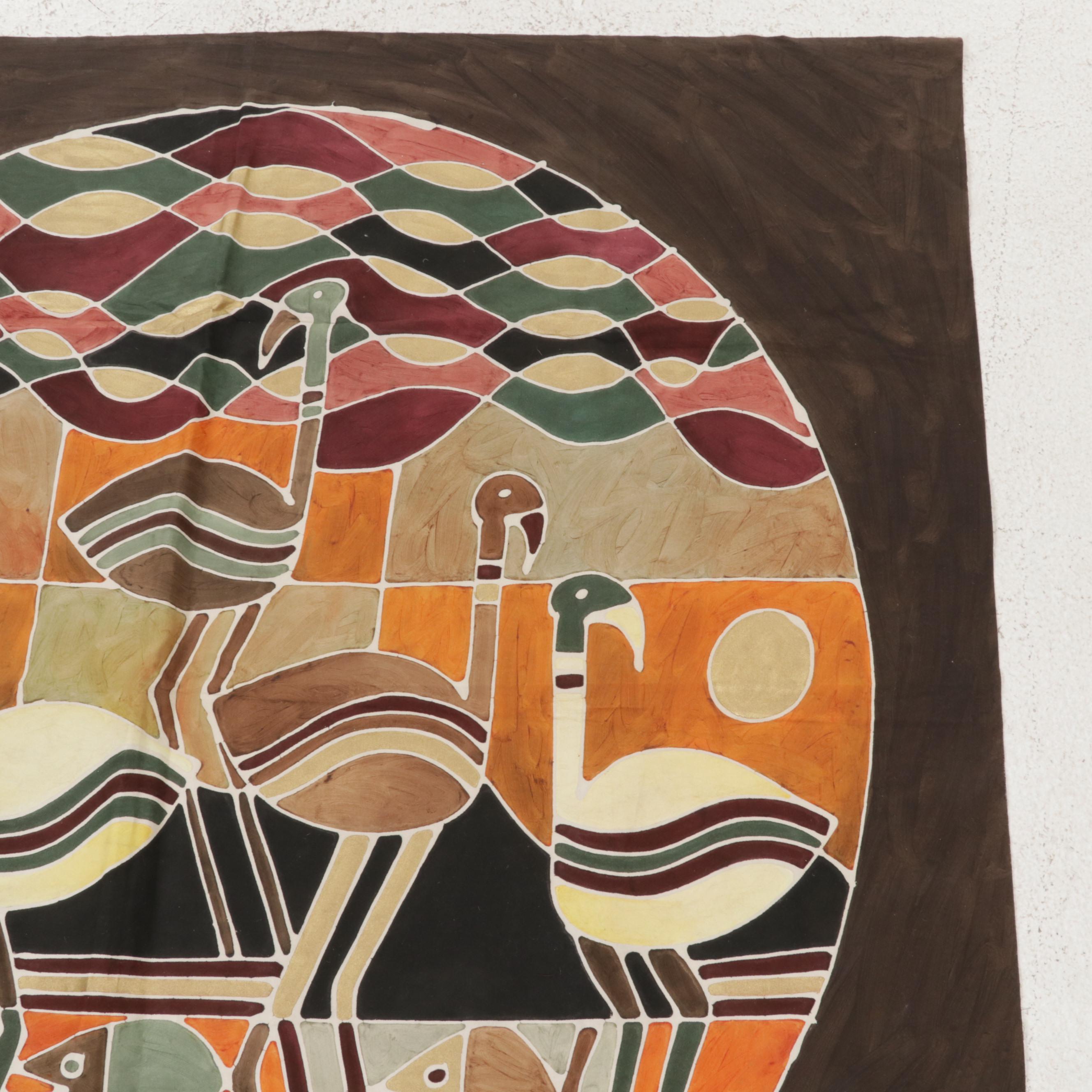 Folk Art Batik Hanging Textiles of Elephants and Flamingos, Circa 2000