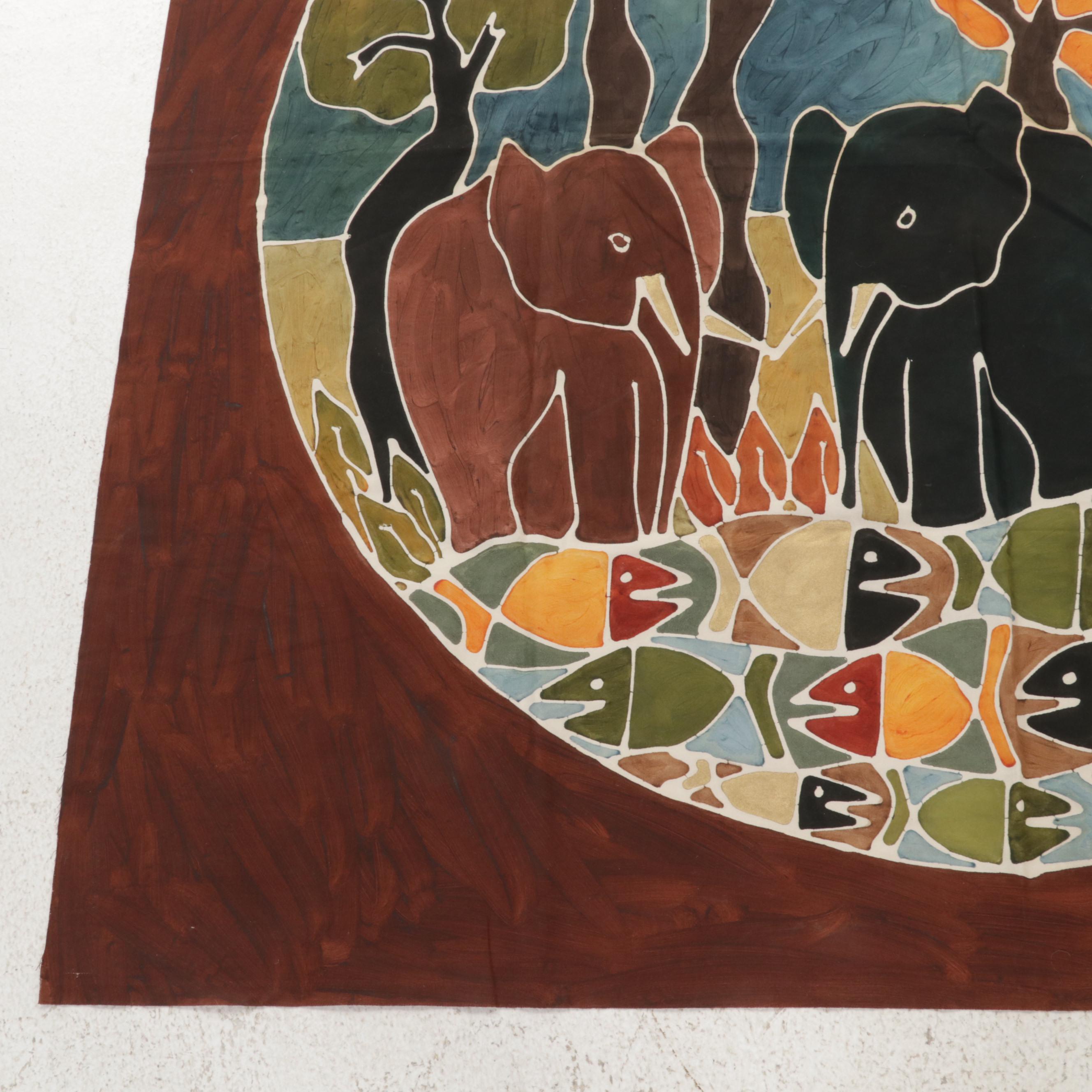 Folk Art Batik Hanging Textiles of Elephants and Flamingos, Circa 2000