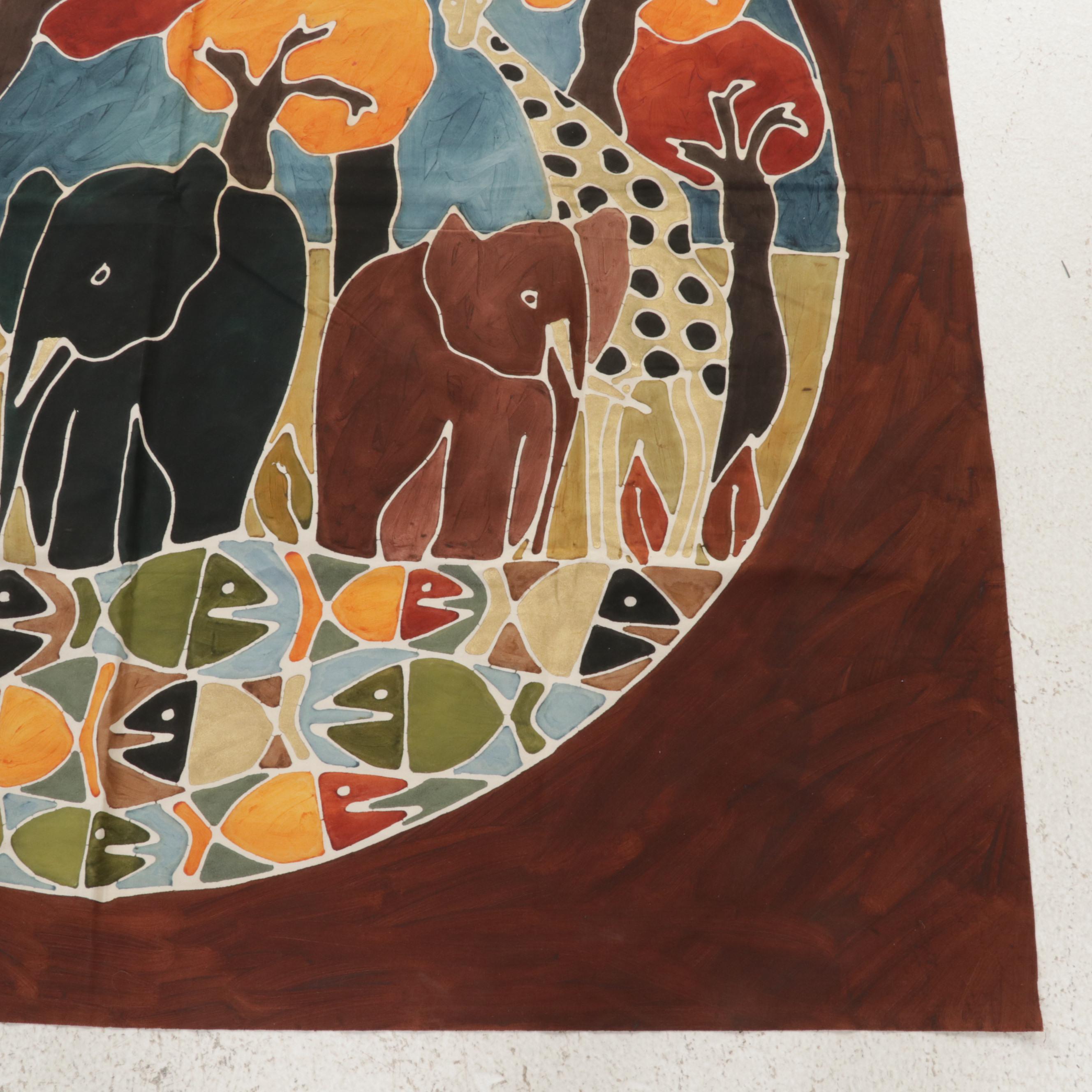 Folk Art Batik Hanging Textiles of Elephants and Flamingos, Circa 2000