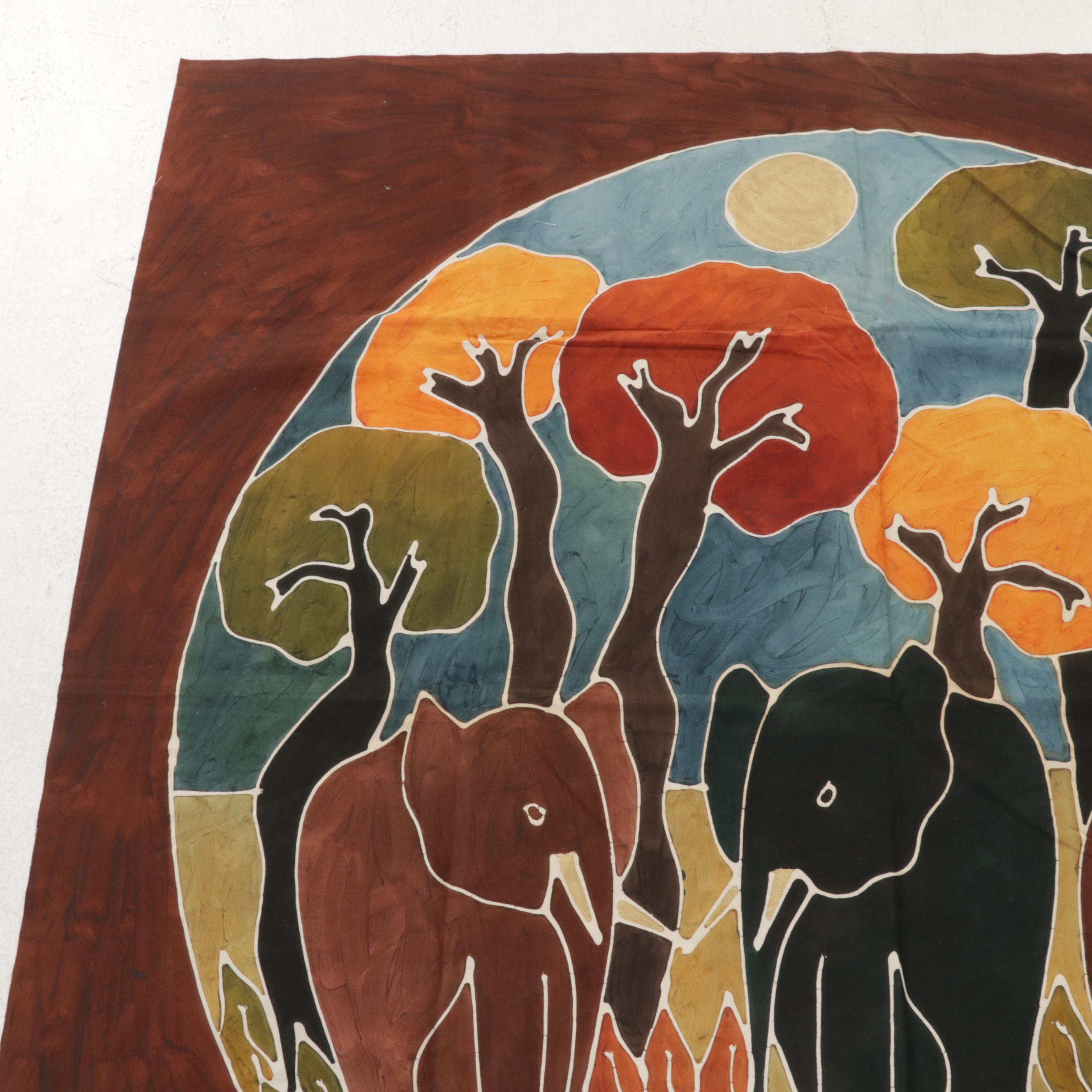 Folk Art Batik Hanging Textiles of Elephants and Flamingos, Circa 2000