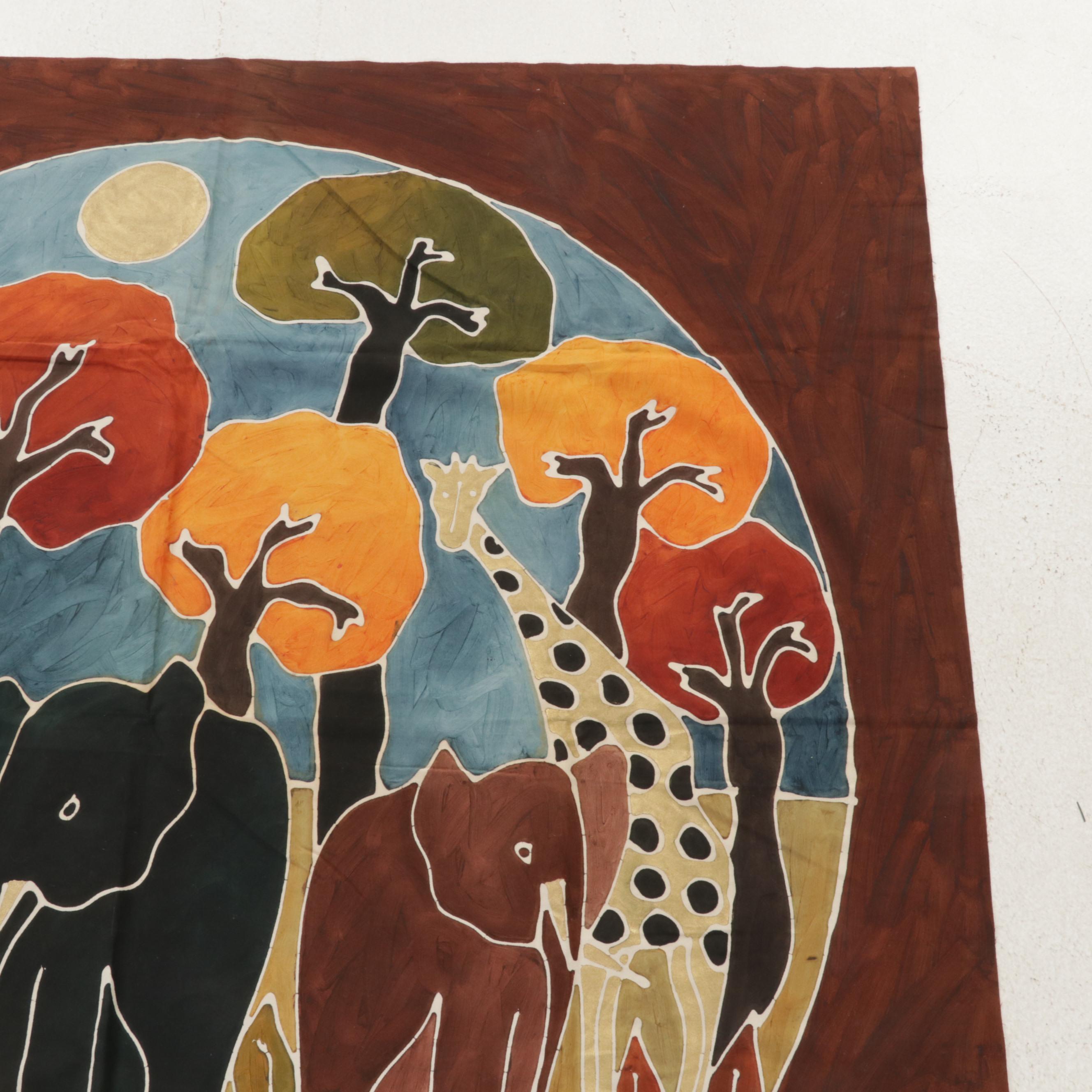 Folk Art Batik Hanging Textiles of Elephants and Flamingos, Circa 2000