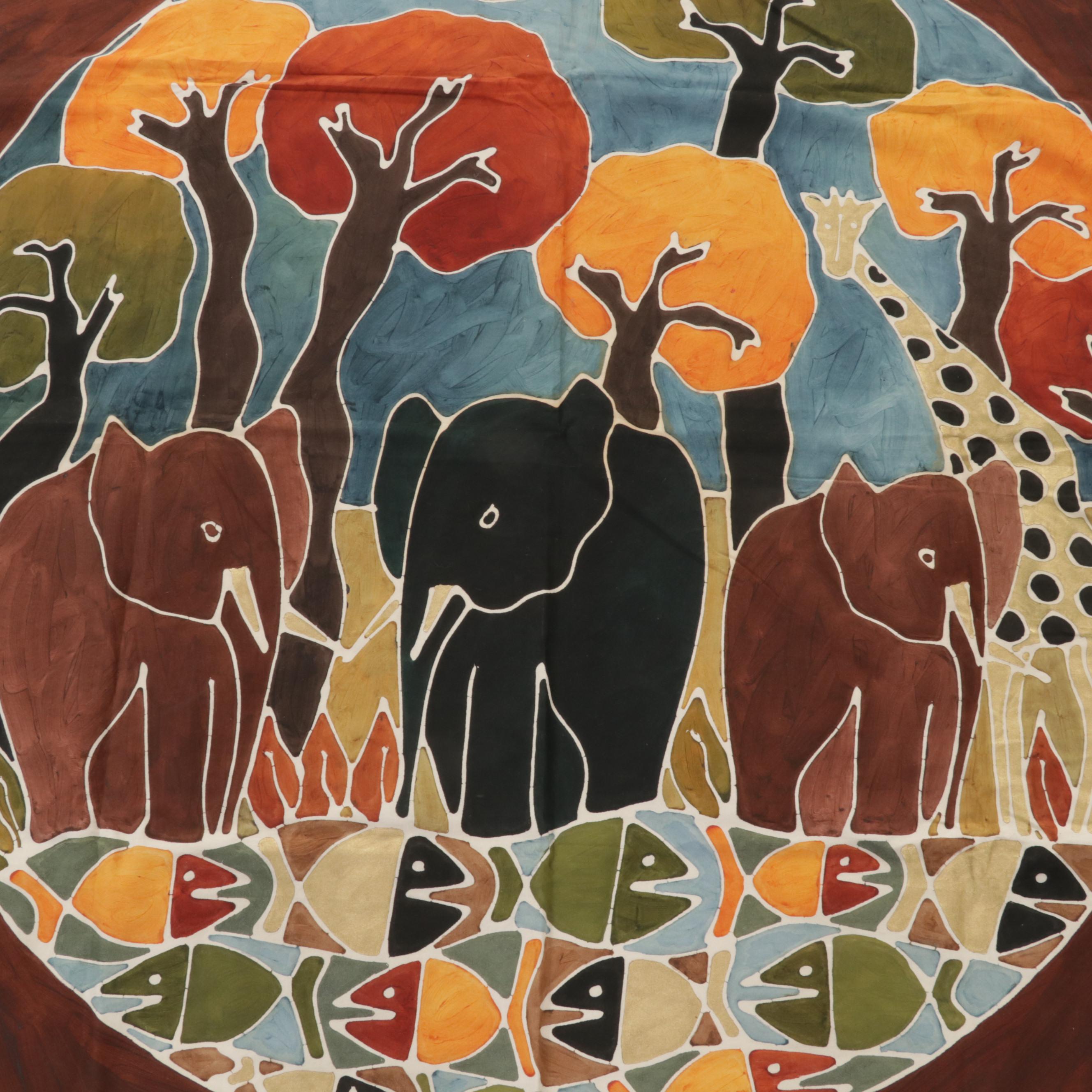 Folk Art Batik Hanging Textiles of Elephants and Flamingos, Circa 2000