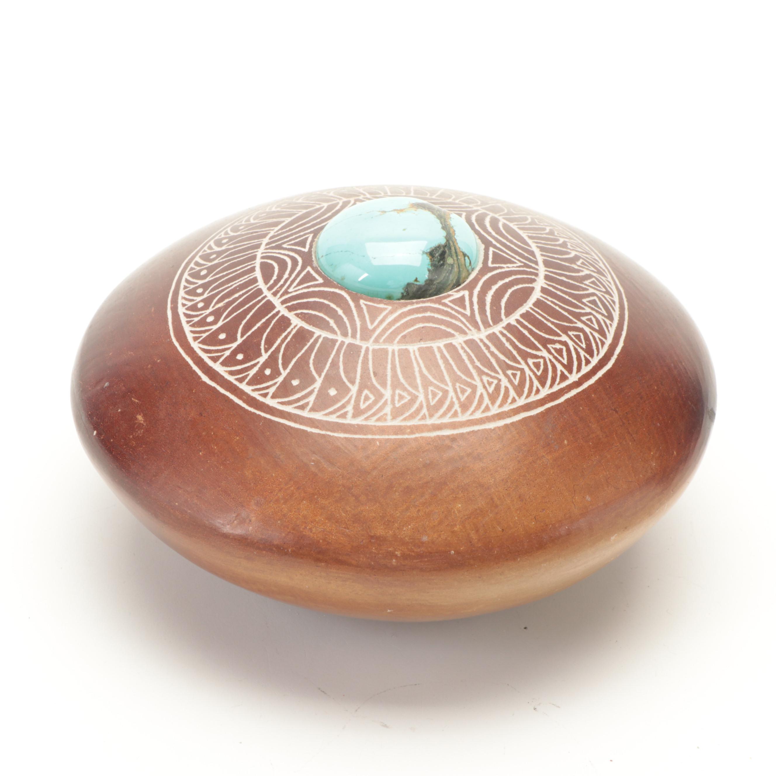 Etched Wood and Turquoise Vessel, Pottery Vase, Rosewood, Other Bison Figures