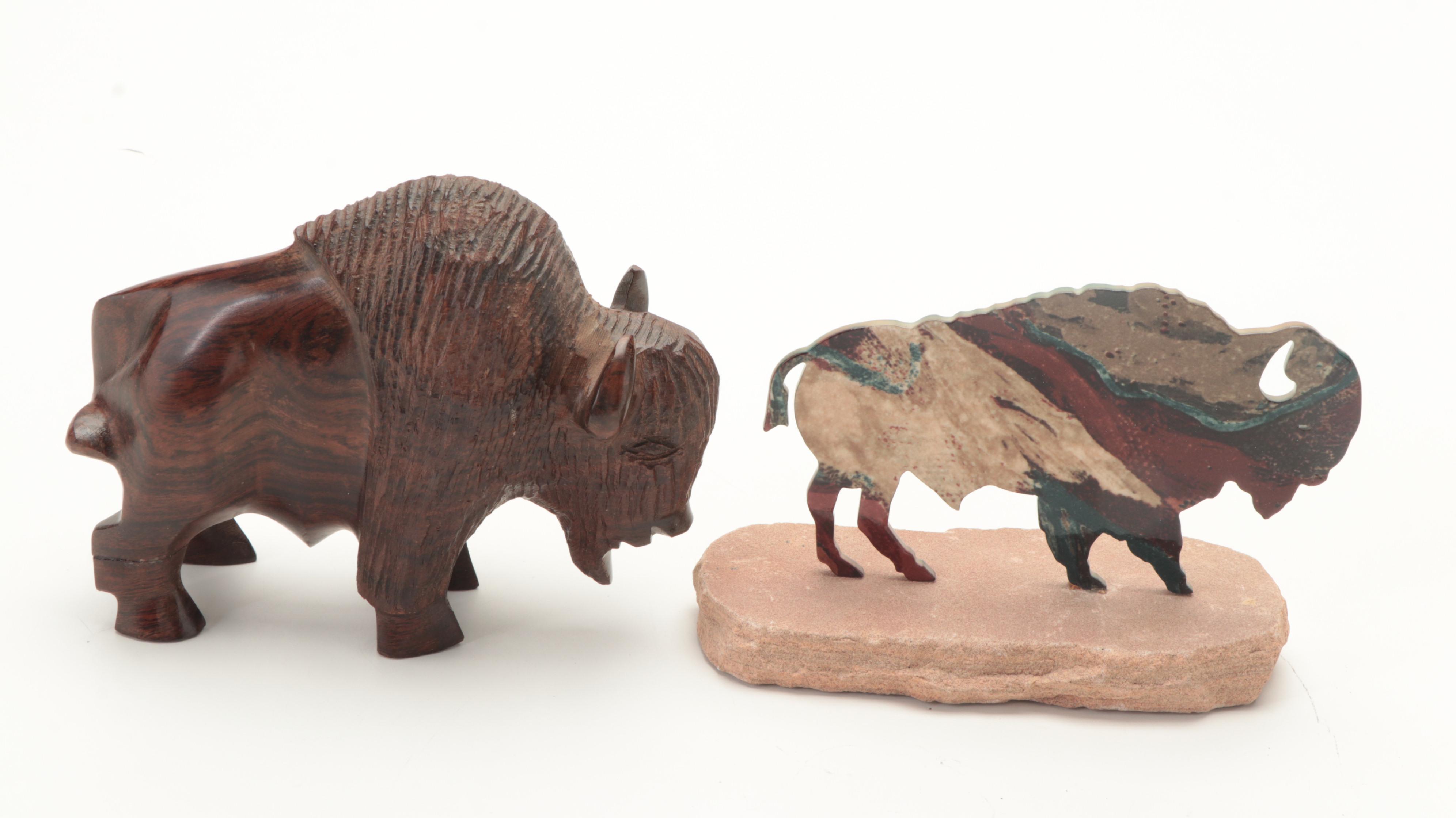 Etched Wood and Turquoise Vessel, Pottery Vase, Rosewood, Other Bison Figures